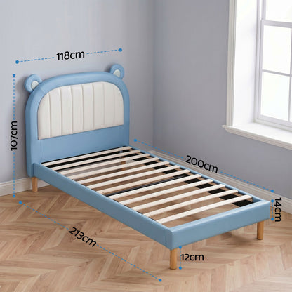 Artiss Kids King Single Bed Frame Upholstered Bear Headboard Waterproof Leather Boys Bed 180kg Capacity Blue BFRAME-G-BEAR-KS-BU-AB