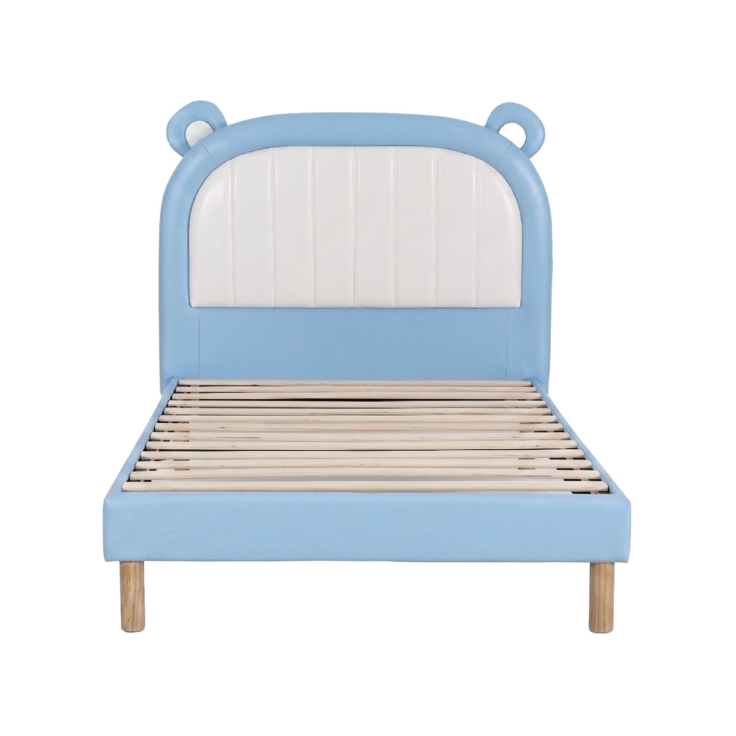 Artiss Kids King Single Bed Frame Upholstered Bear Headboard Waterproof Leather Boys Bed 180kg Capacity Blue BFRAME-G-BEAR-KS-BU-AB