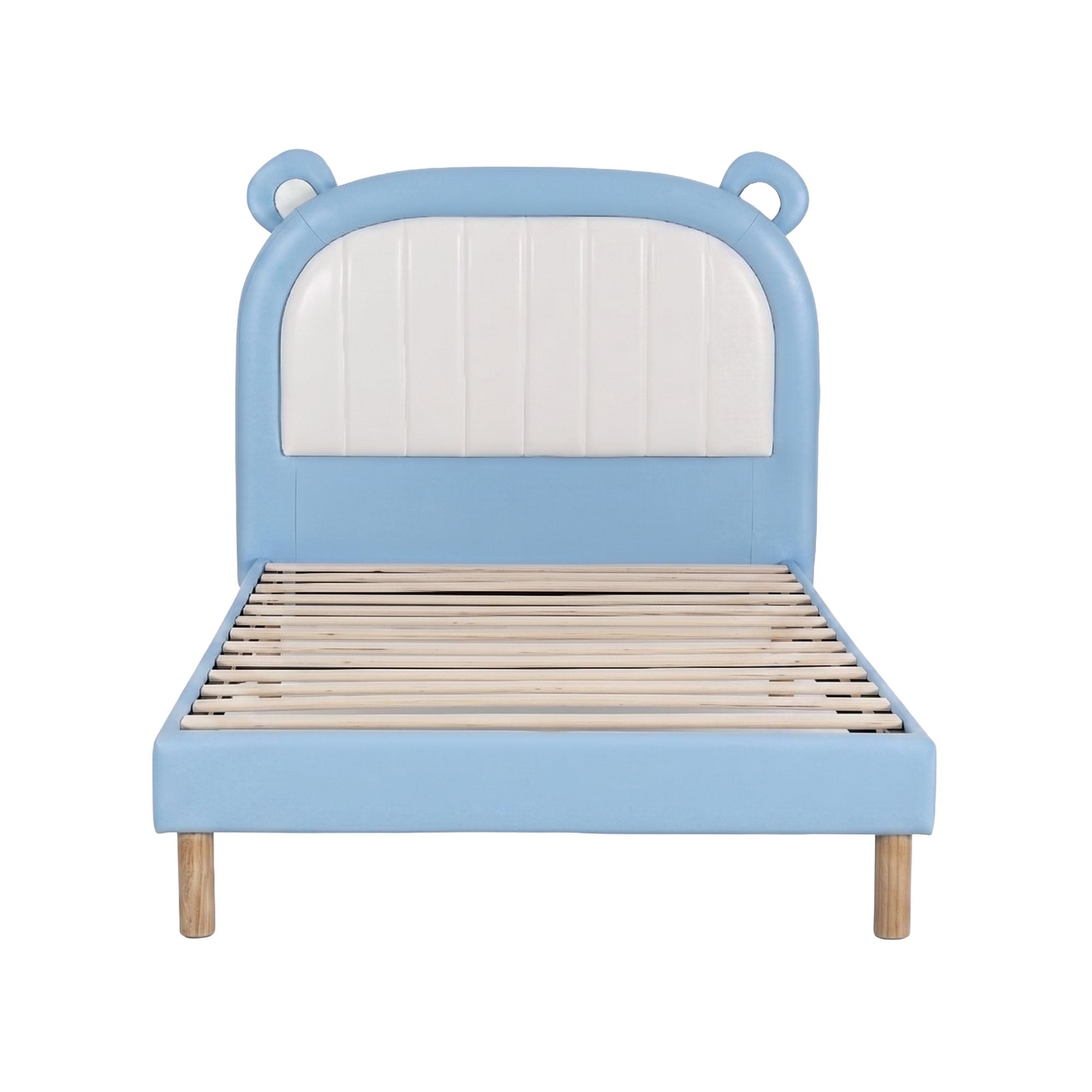 Artiss Kids King Single Bed Frame Upholstered Bear Headboard Waterproof Leather Boys Bed 180kg Capacity Blue BFRAME-G-BEAR-KS-BU-AB