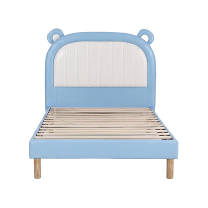 Artiss Kids King Single Bed Frame Upholstered Bear Headboard Waterproof Leather Boys Bed 180kg Capacity Blue BFRAME-G-BEAR-KS-BU-AB
