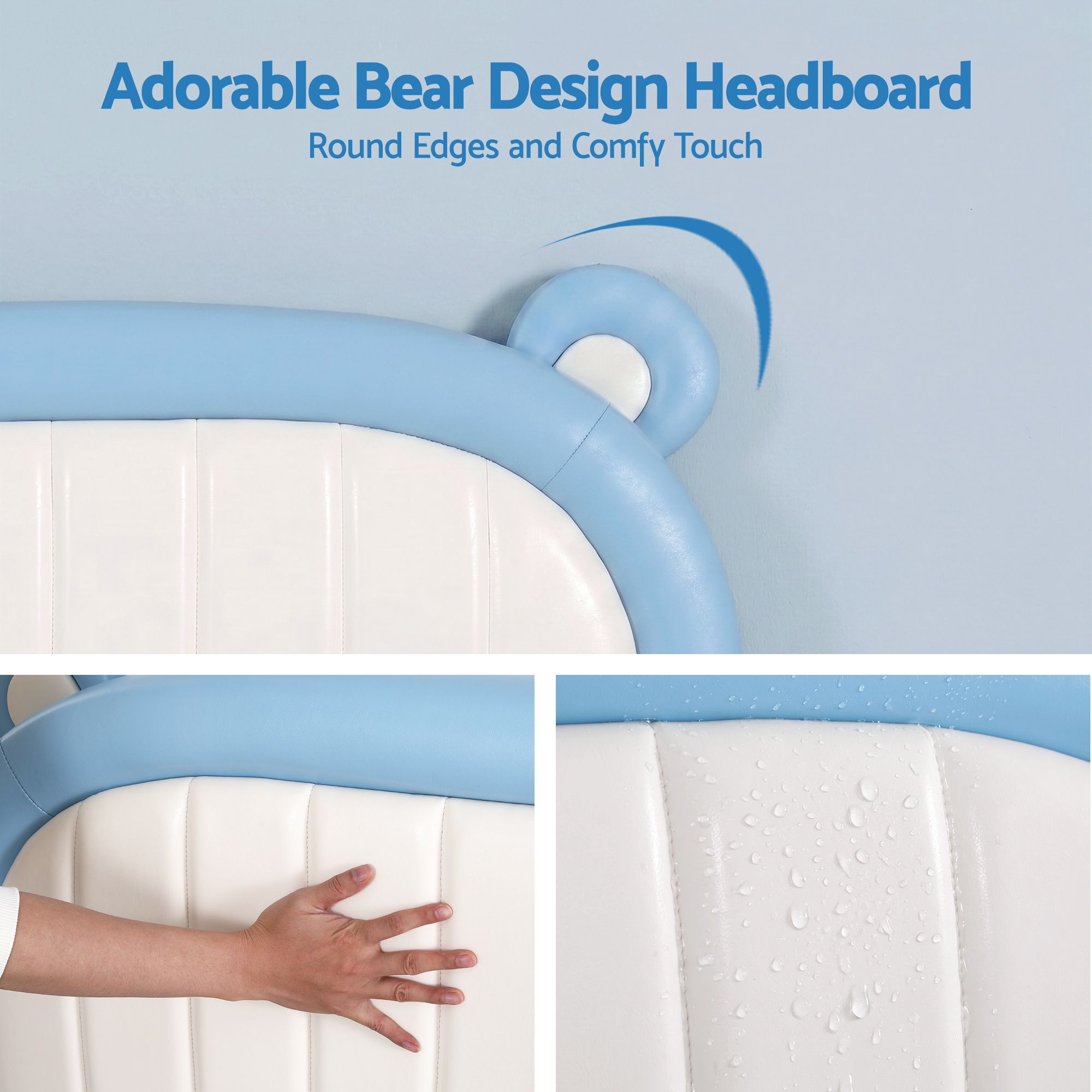 Artiss Kids King Single Bed Frame Upholstered Bear Headboard Waterproof Leather Boys Bed 180kg Capacity Blue BFRAME-G-BEAR-KS-BU-AB