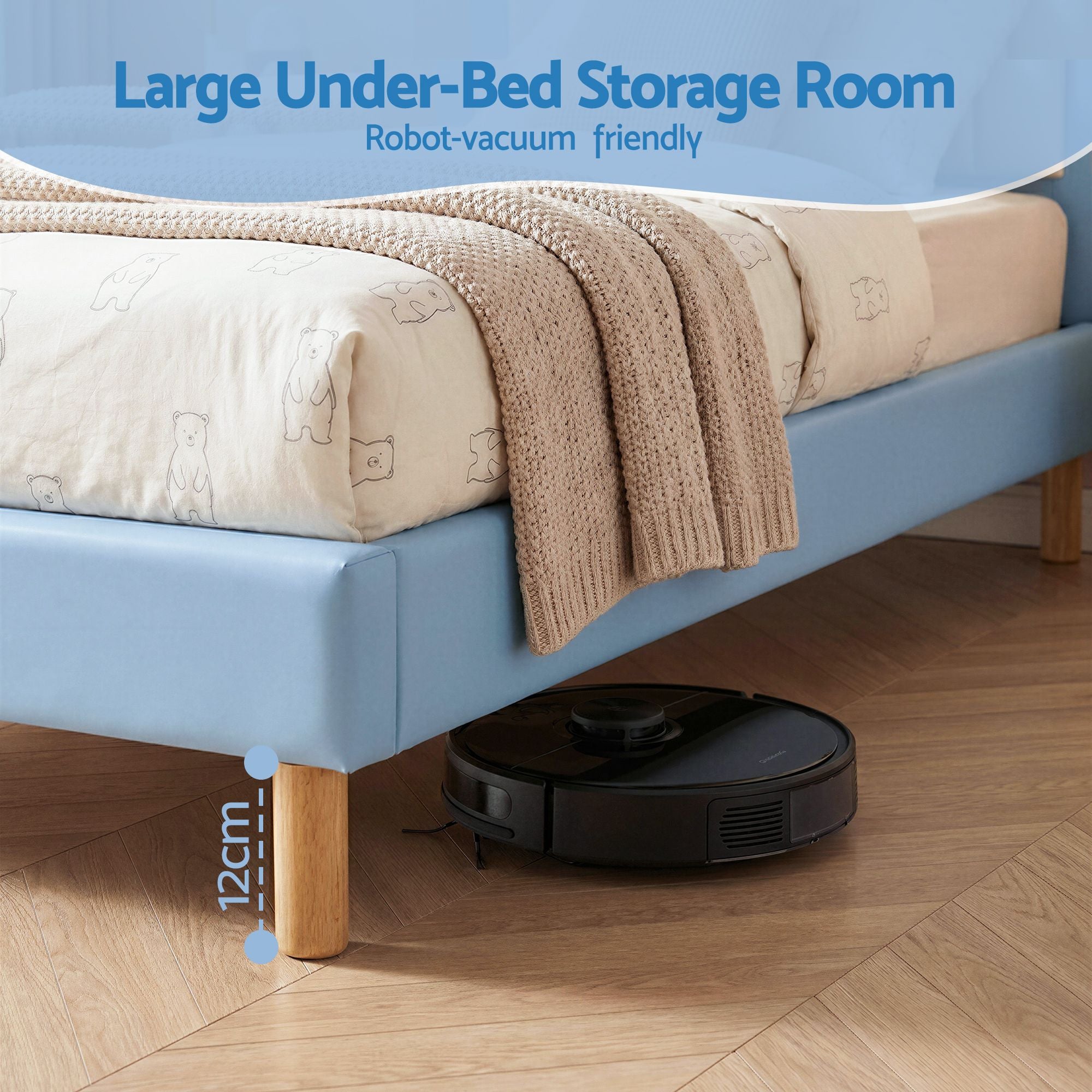 Artiss Kids King Single Bed Frame Upholstered Bear Headboard Waterproof Leather Boys Bed 180kg Capacity Blue BFRAME-G-BEAR-KS-BU-AB