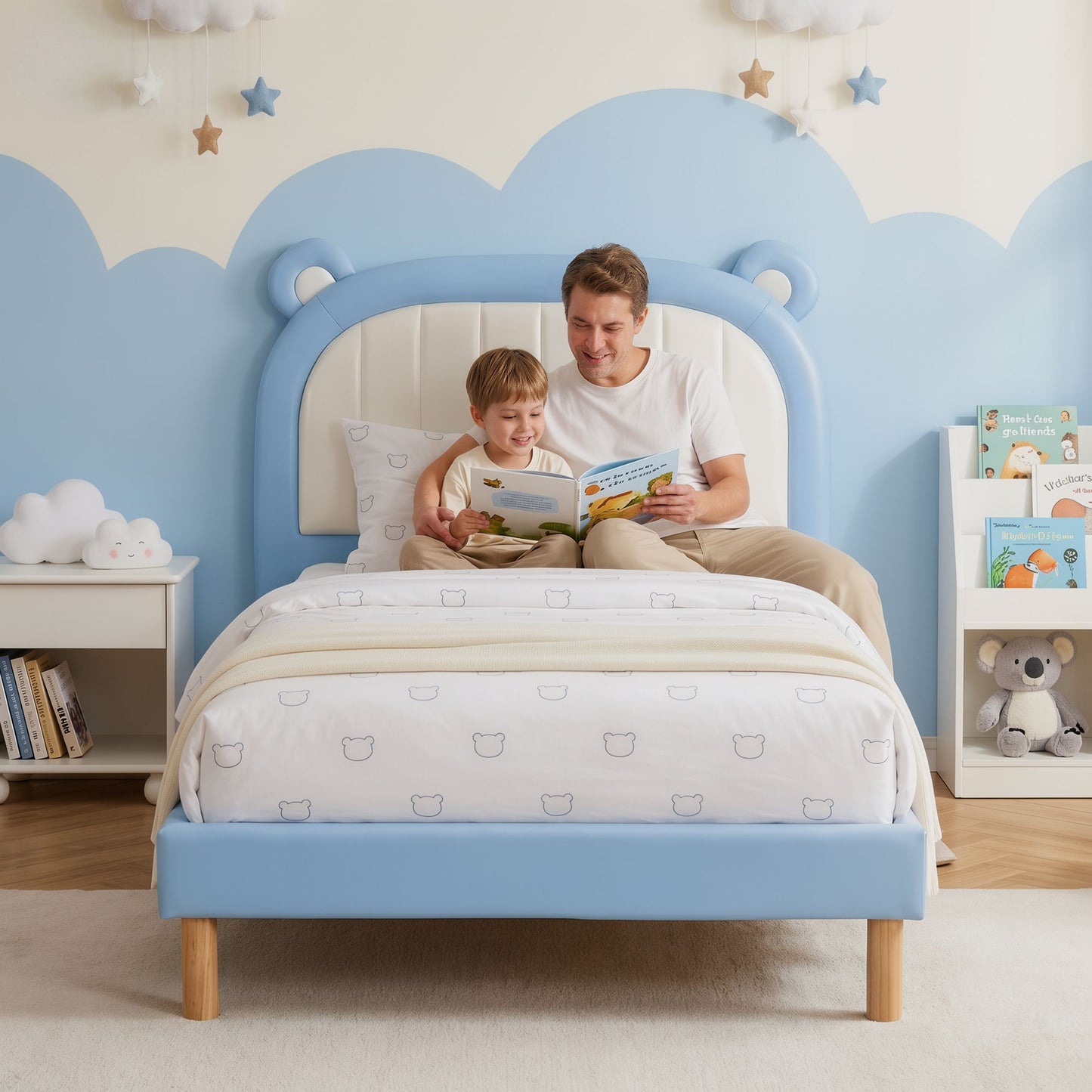 Artiss Kids King Single Bed Frame Upholstered Bear Headboard Waterproof Leather Boys Bed 180kg Capacity Blue BFRAME-G-BEAR-KS-BU-AB