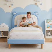 Artiss Kids King Single Bed Frame Upholstered Bear Headboard Waterproof Leather Boys Bed 180kg Capacity Blue BFRAME-G-BEAR-KS-BU-AB