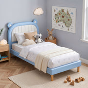 Artiss Kids King Single Bed Frame Upholstered Bear Headboard Waterproof Leather Boys Bed 180kg Capacity Blue BFRAME-G-BEAR-KS-BU-AB