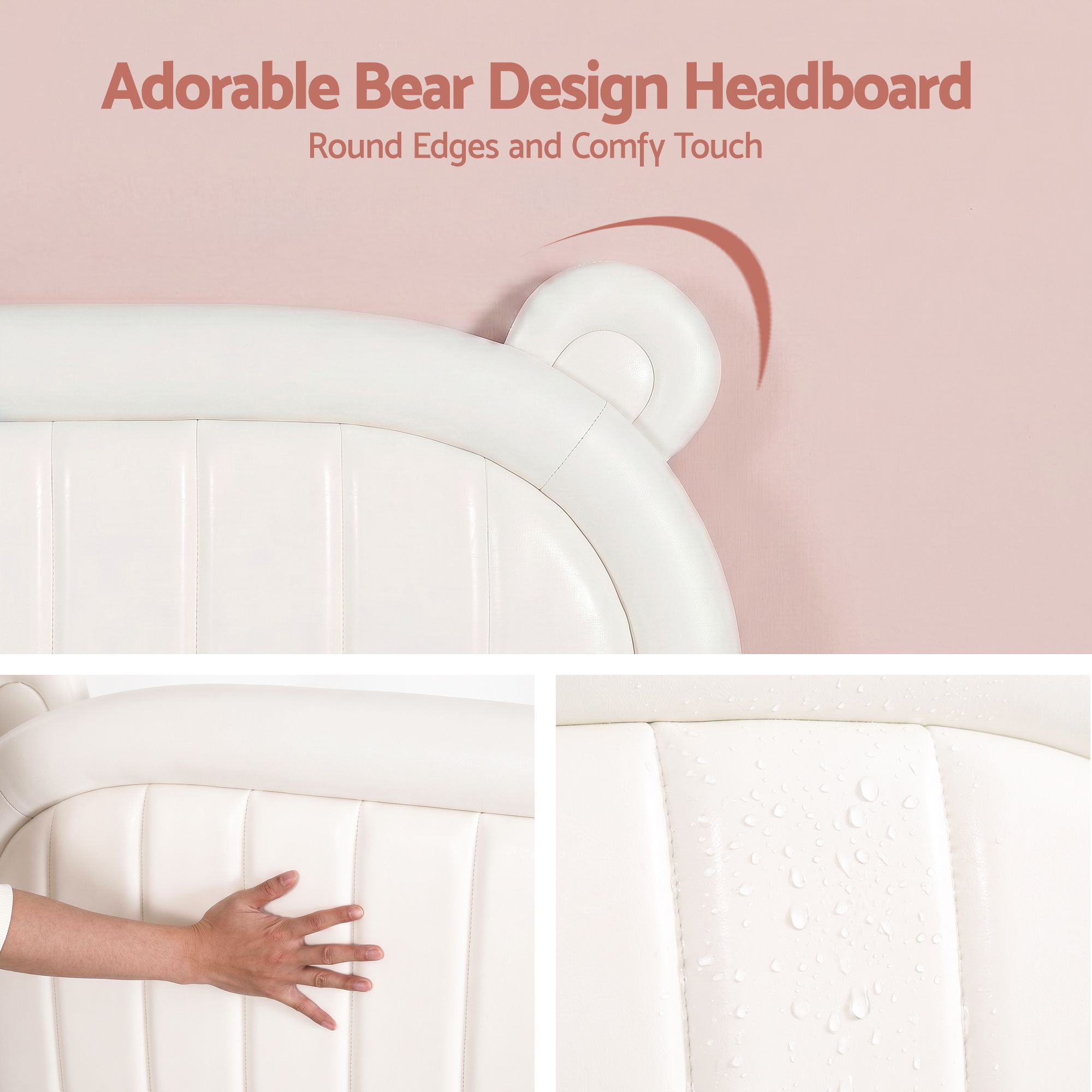 Artiss Kids King Single Bed Frame Bear Ears Headboard Upholstered Leather Platform Bed for Child BFRAME-G-BEAR-KS-WH-AB