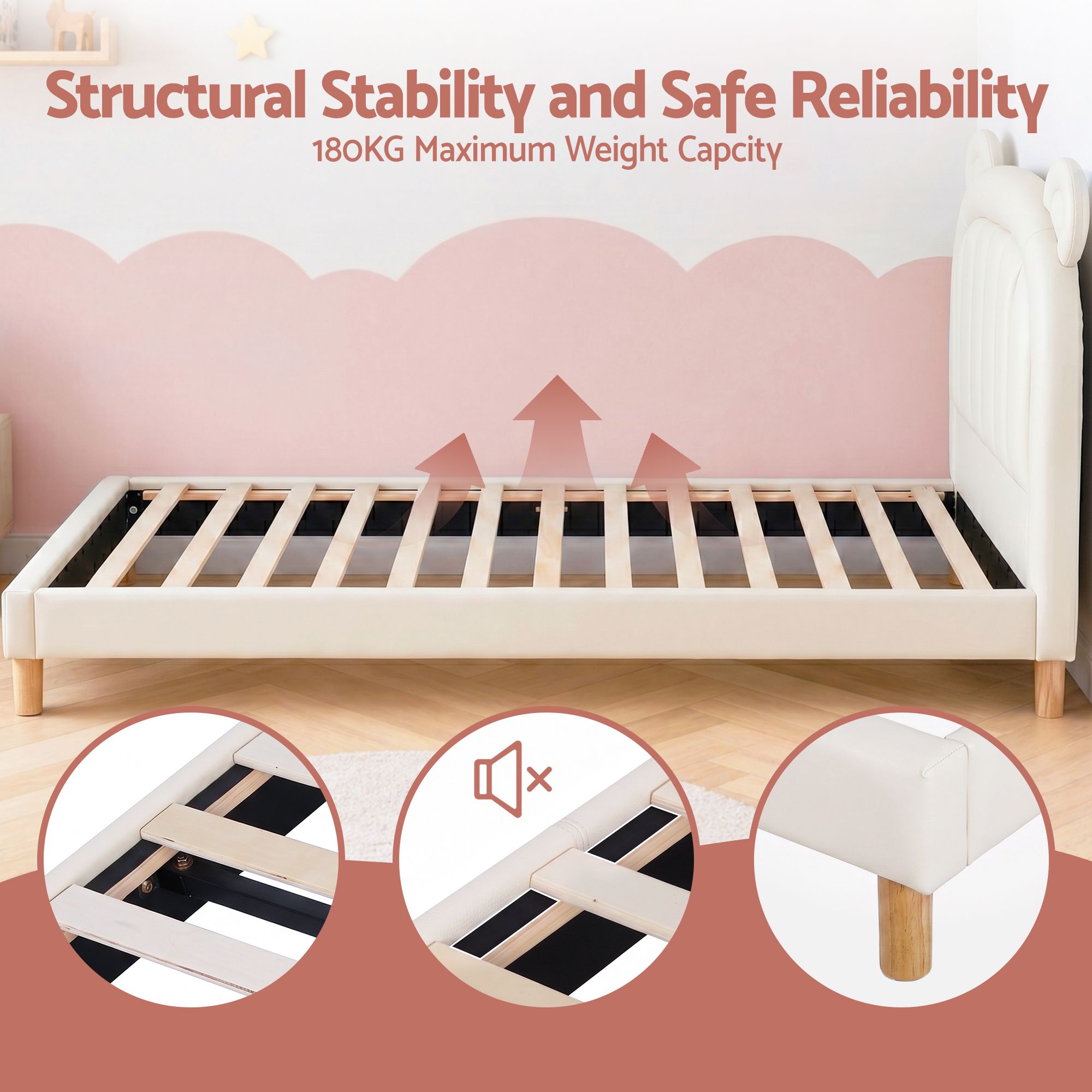 Artiss Kids King Single Bed Frame Bear Ears Headboard Upholstered Leather Platform Bed for Child BFRAME-G-BEAR-KS-WH-AB