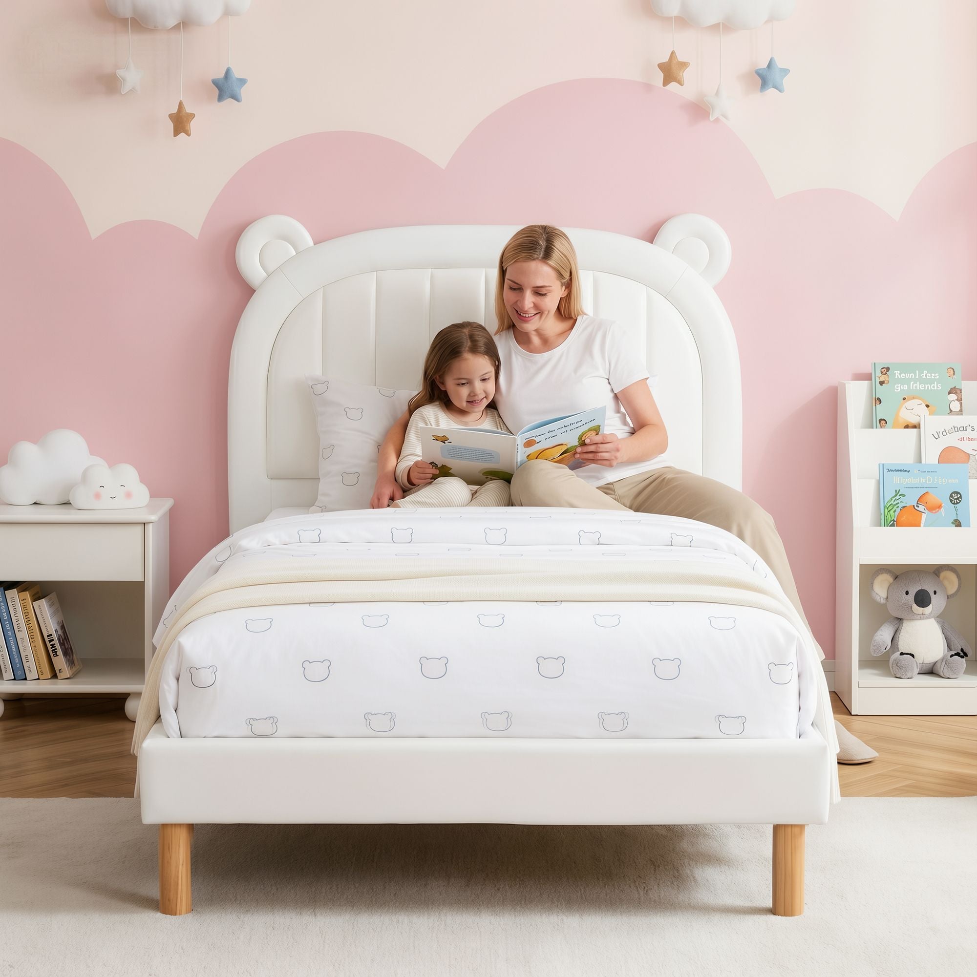 Artiss Kids King Single Bed Frame Bear Ears Headboard Upholstered Leather Platform Bed for Child BFRAME-G-BEAR-KS-WH-AB