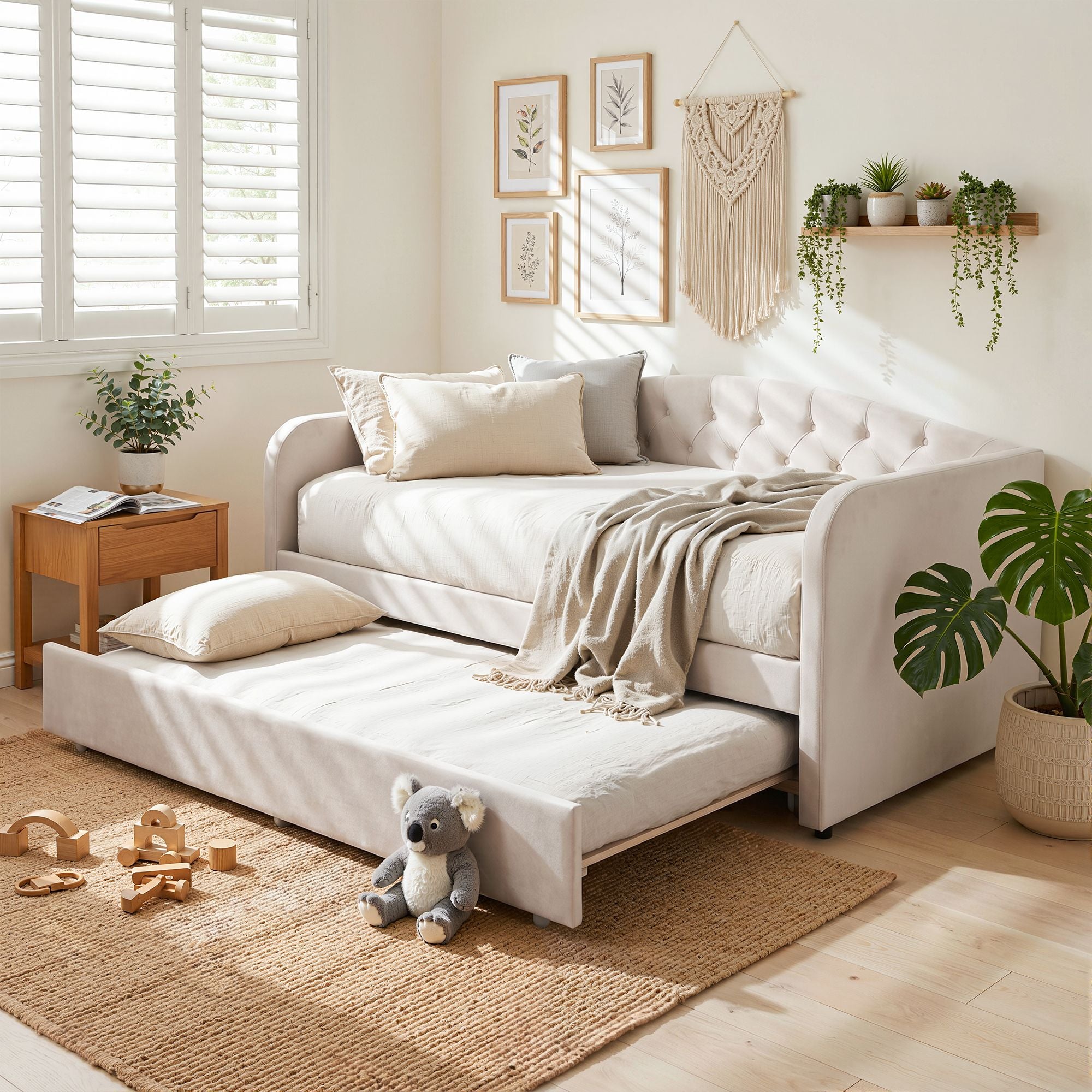 Artiss King Single Daybed Velvet Trundle Bed Frame Tufted Guest Bed