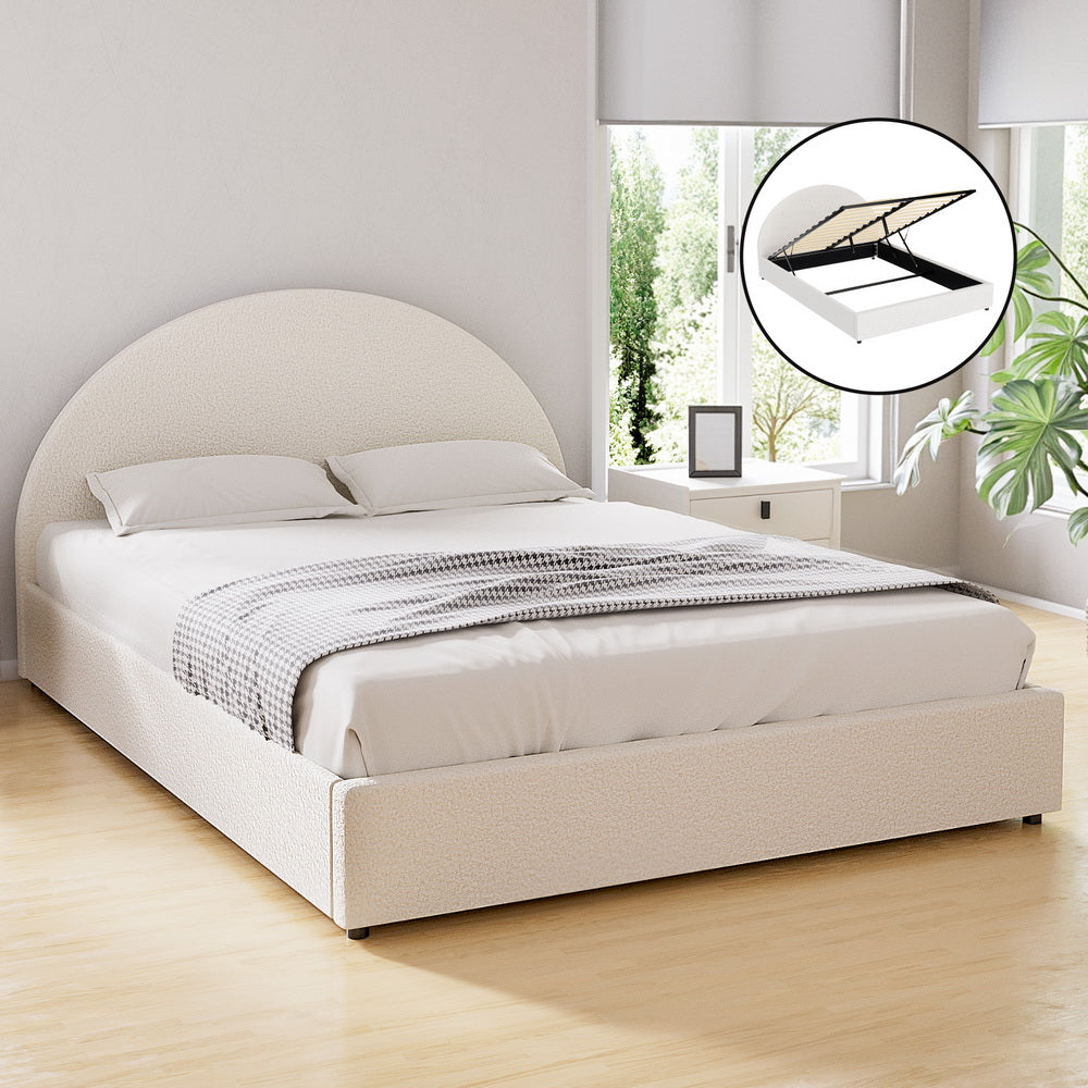 Artiss ELLA Queen Gas Lift Storage Bed Frame – Beige Boucle