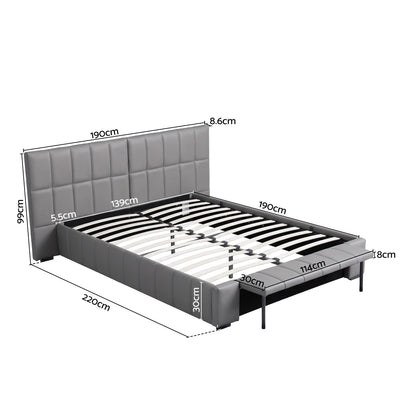 Artiss Double Size Upholstered Gas Lift Bed Frame with Foldable Bench PVC Leather Platform Bed with Storage BFRAME-G-FORD-D-GY-ABCD