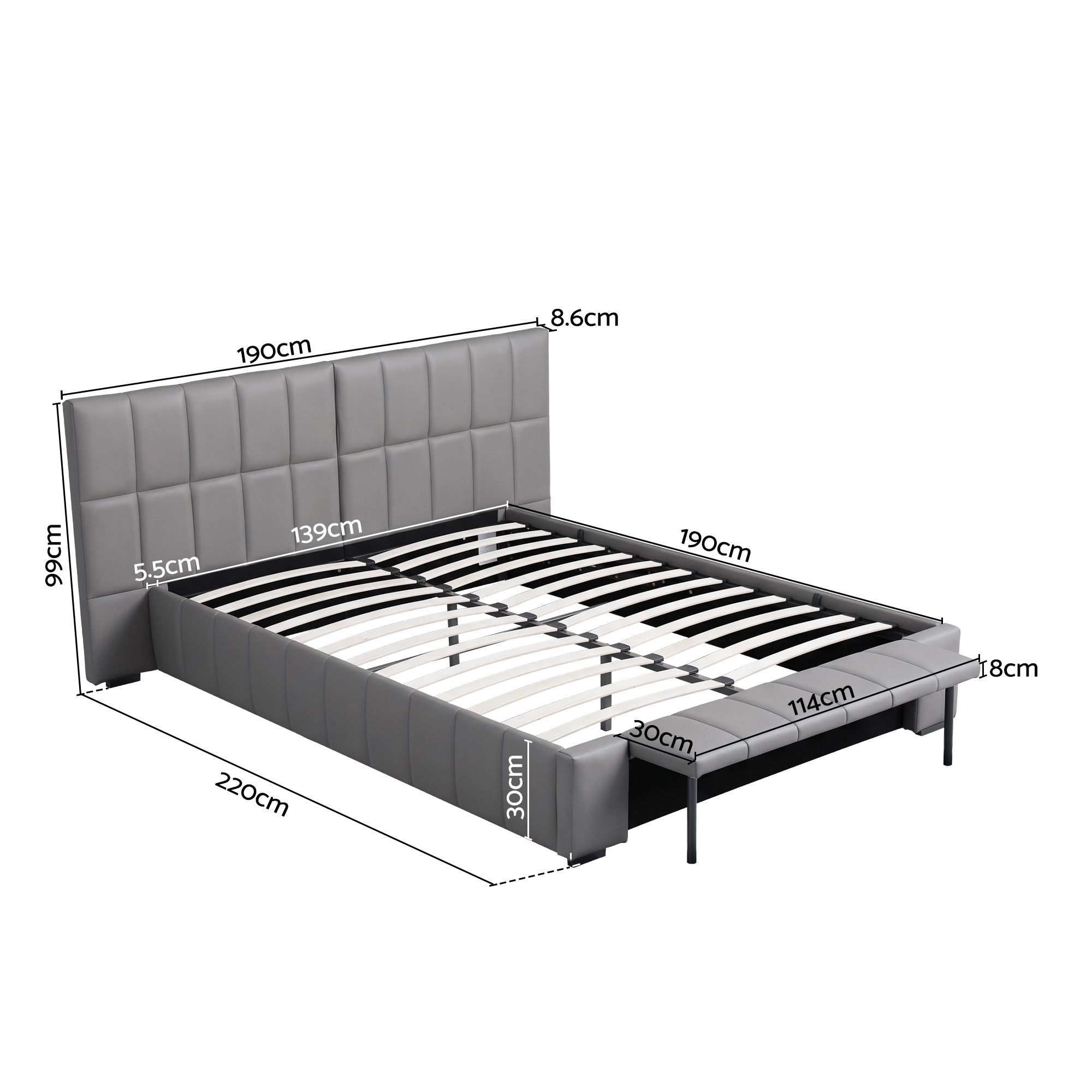 Artiss Double Size Upholstered Gas Lift Bed Frame with Foldable Bench PVC Leather Platform Bed with Storage