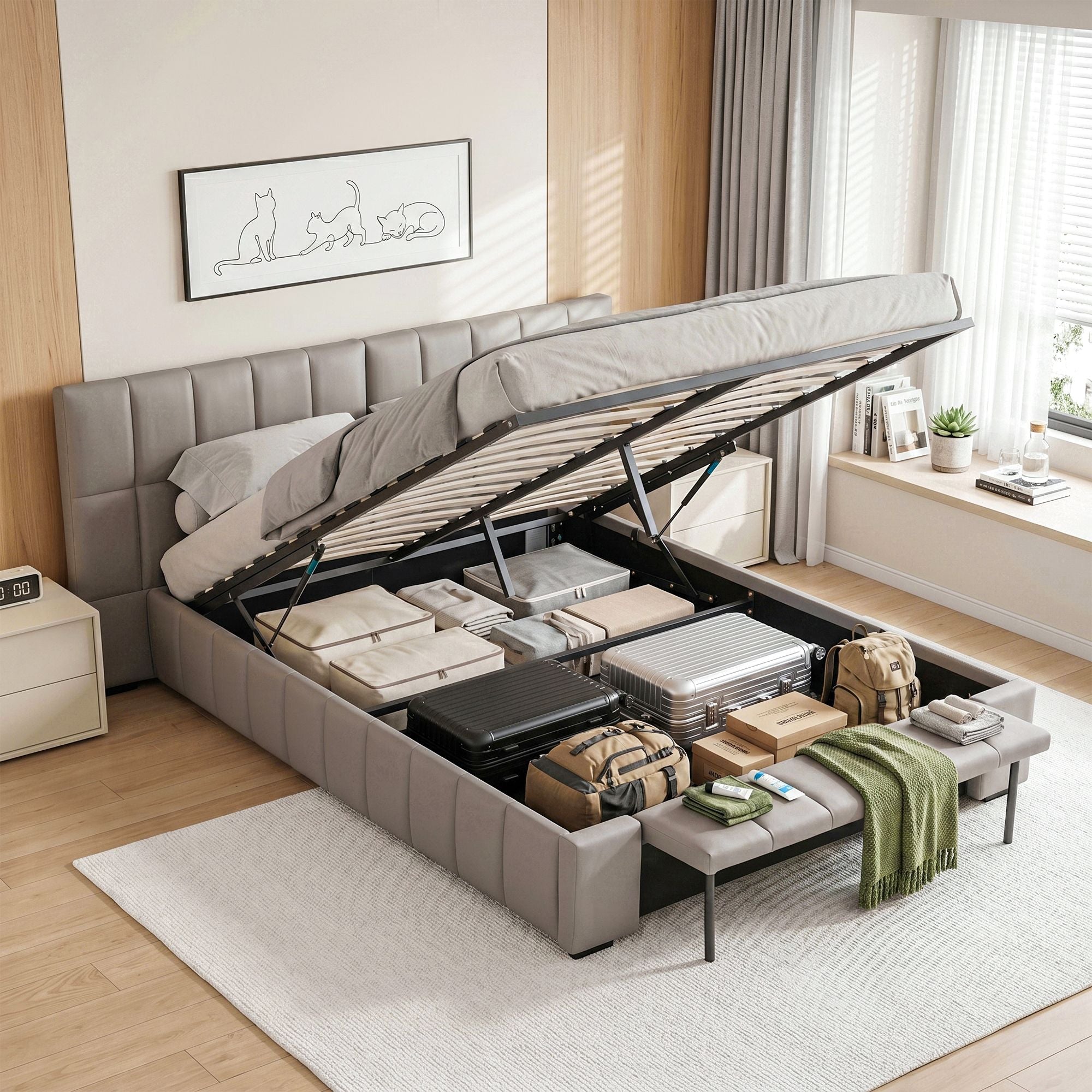 Artiss FORD Queen Gas Lift Storage Bed Frame with Foldable Bench – Grey