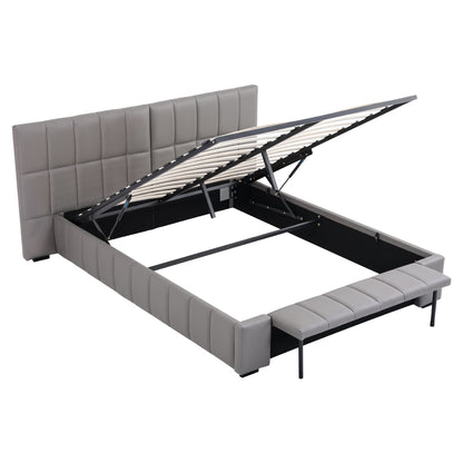 Artiss Queen Size Upholstered Gas Lift Bed Frame with Foldable Bench PVC Leather Platform Bed with Storage BFRAME-G-FORD-Q-GY-ABCD