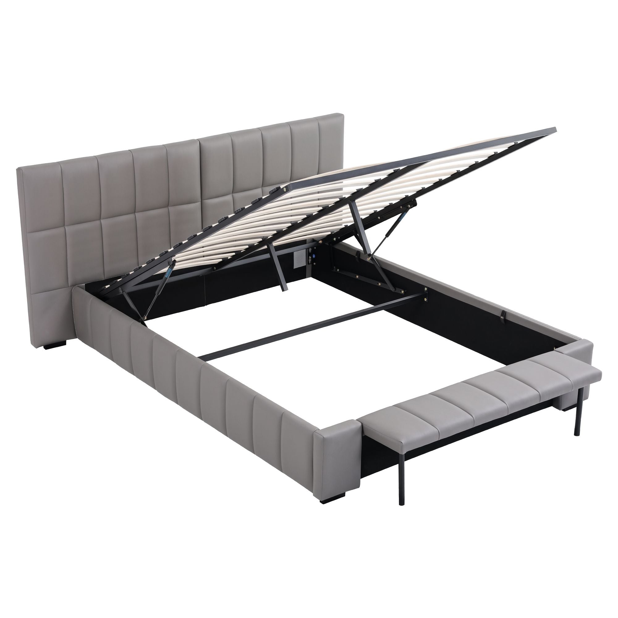 Artiss FORD Queen Gas Lift Storage Bed Frame with Foldable Bench – Grey