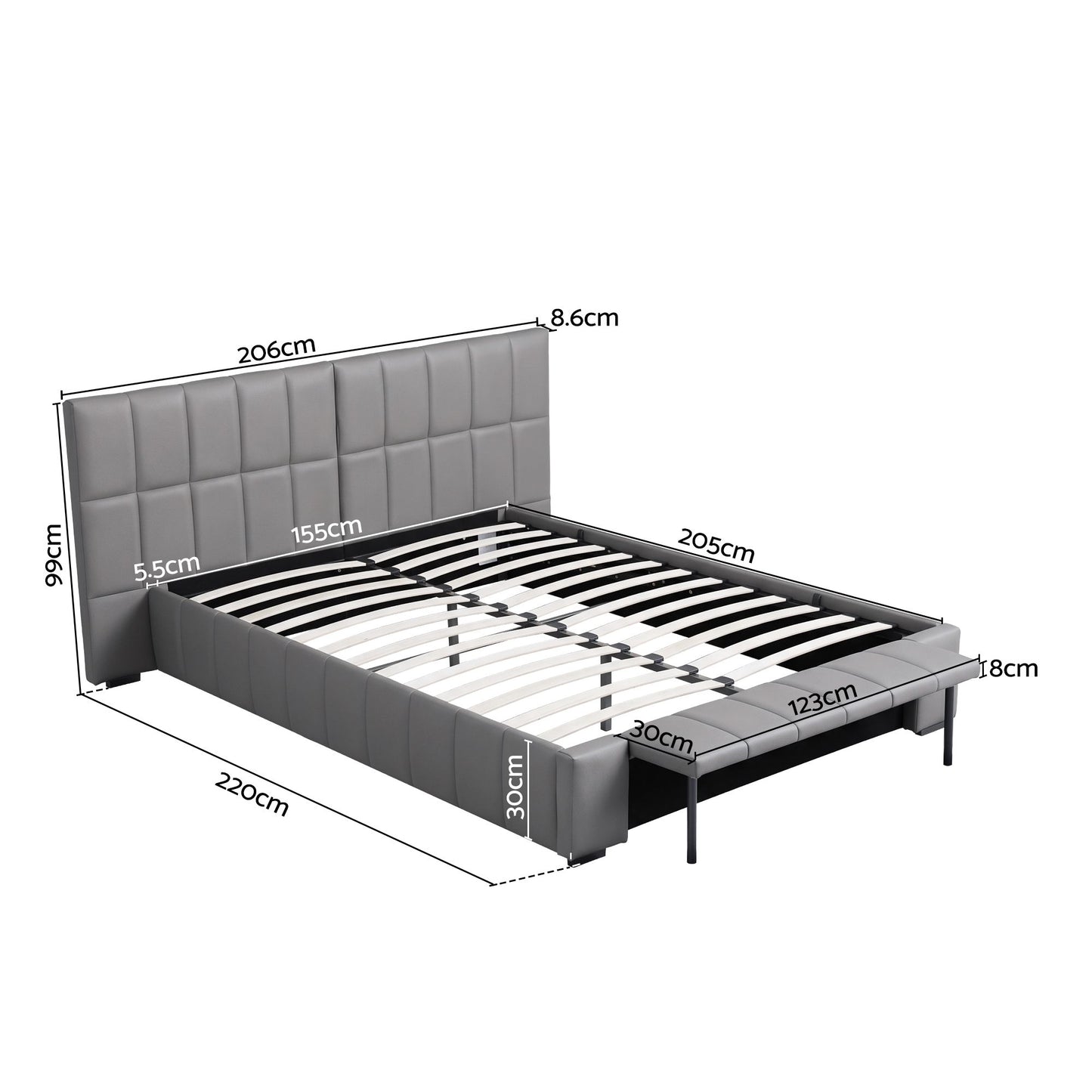 Artiss Queen Size Upholstered Gas Lift Bed Frame with Foldable Bench PVC Leather Platform Bed with Storage BFRAME-G-FORD-Q-GY-ABCD