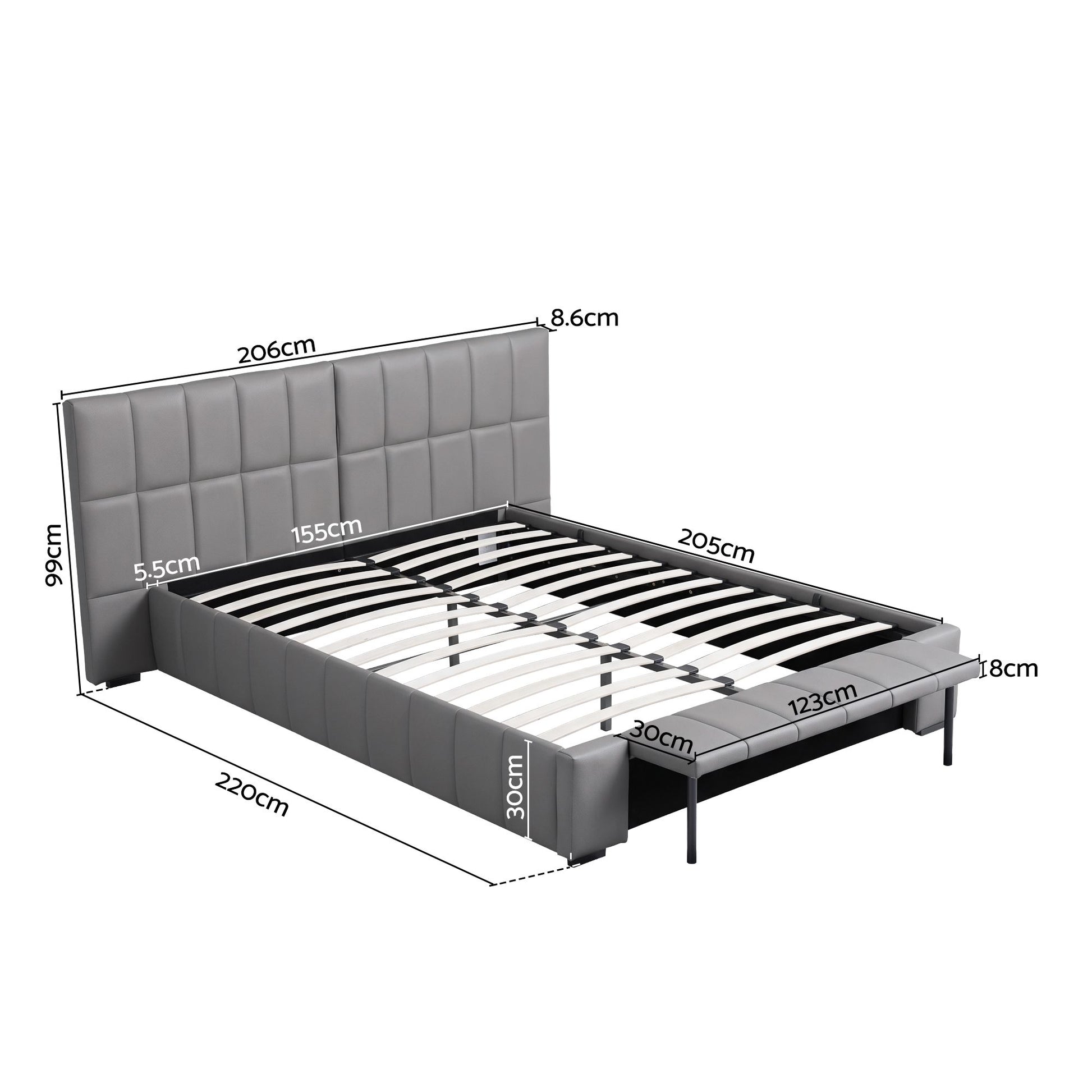 Artiss Queen Size Upholstered Gas Lift Bed Frame with Foldable Bench PVC Leather Platform Bed with Storage BFRAME-G-FORD-Q-GY-ABCD