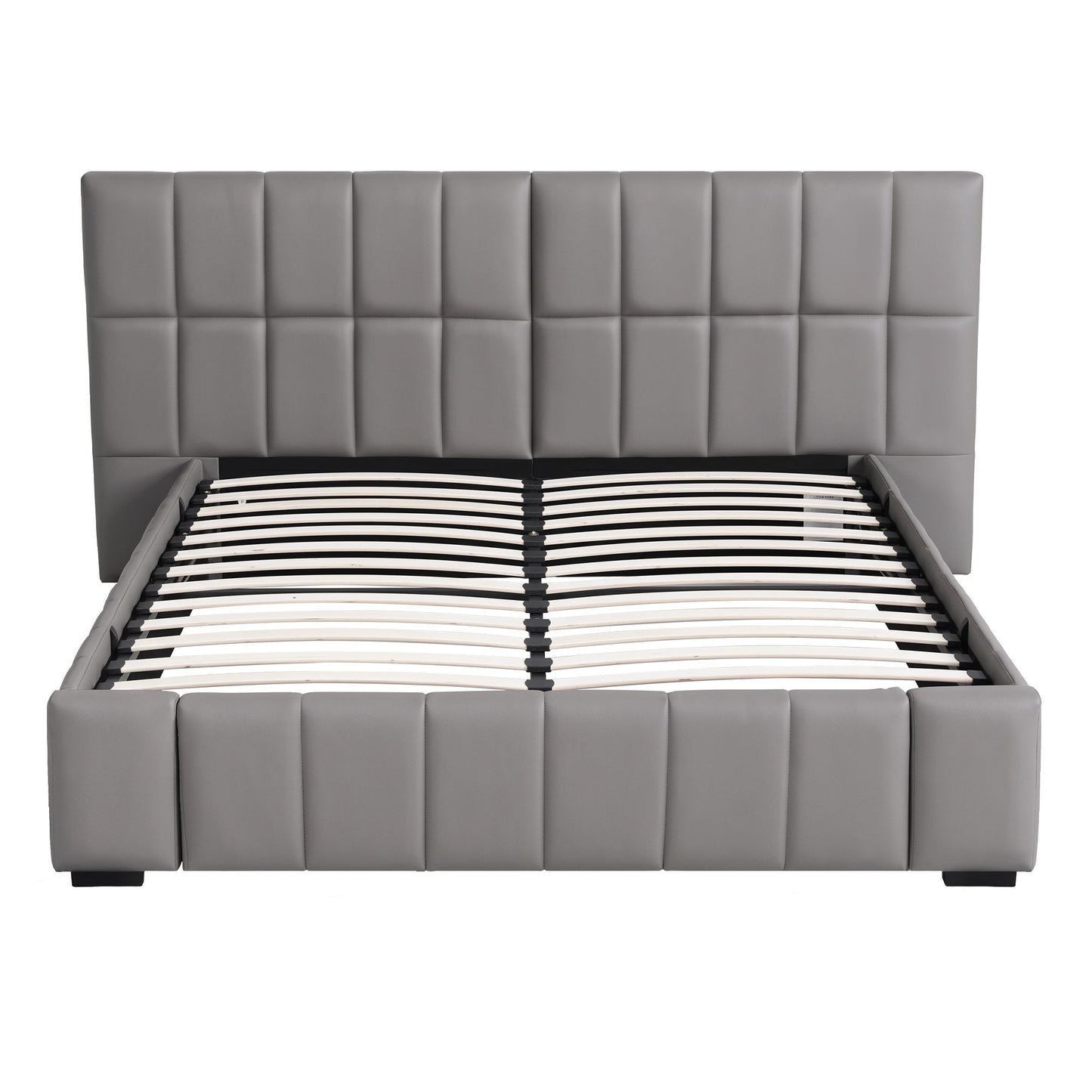 Artiss Queen Size Upholstered Gas Lift Bed Frame with Foldable Bench PVC Leather Platform Bed with Storage BFRAME-G-FORD-Q-GY-ABCD