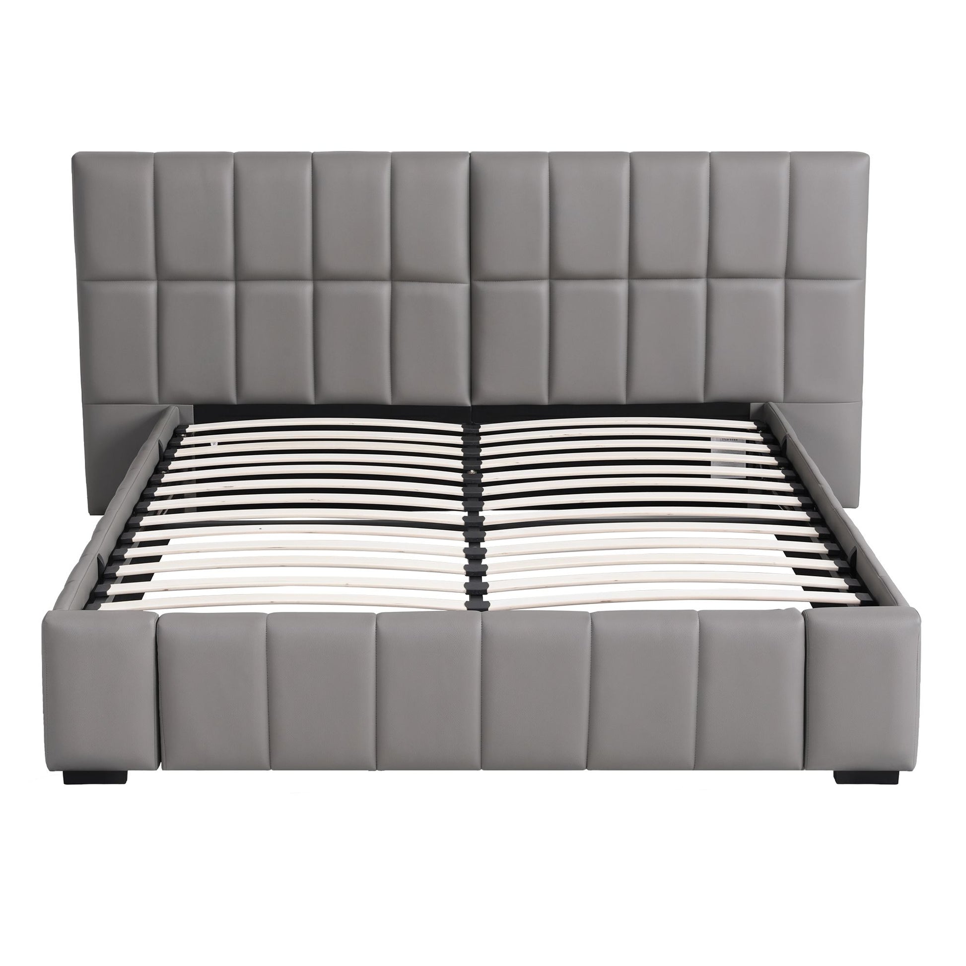 Artiss Queen Size Upholstered Gas Lift Bed Frame with Foldable Bench PVC Leather Platform Bed with Storage BFRAME-G-FORD-Q-GY-ABCD