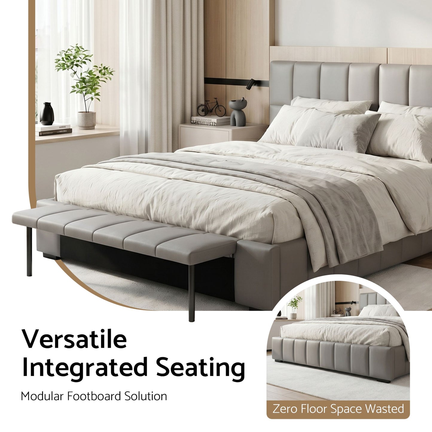 Artiss Queen Size Upholstered Gas Lift Bed Frame with Foldable Bench PVC Leather Platform Bed with Storage BFRAME-G-FORD-Q-GY-ABCD