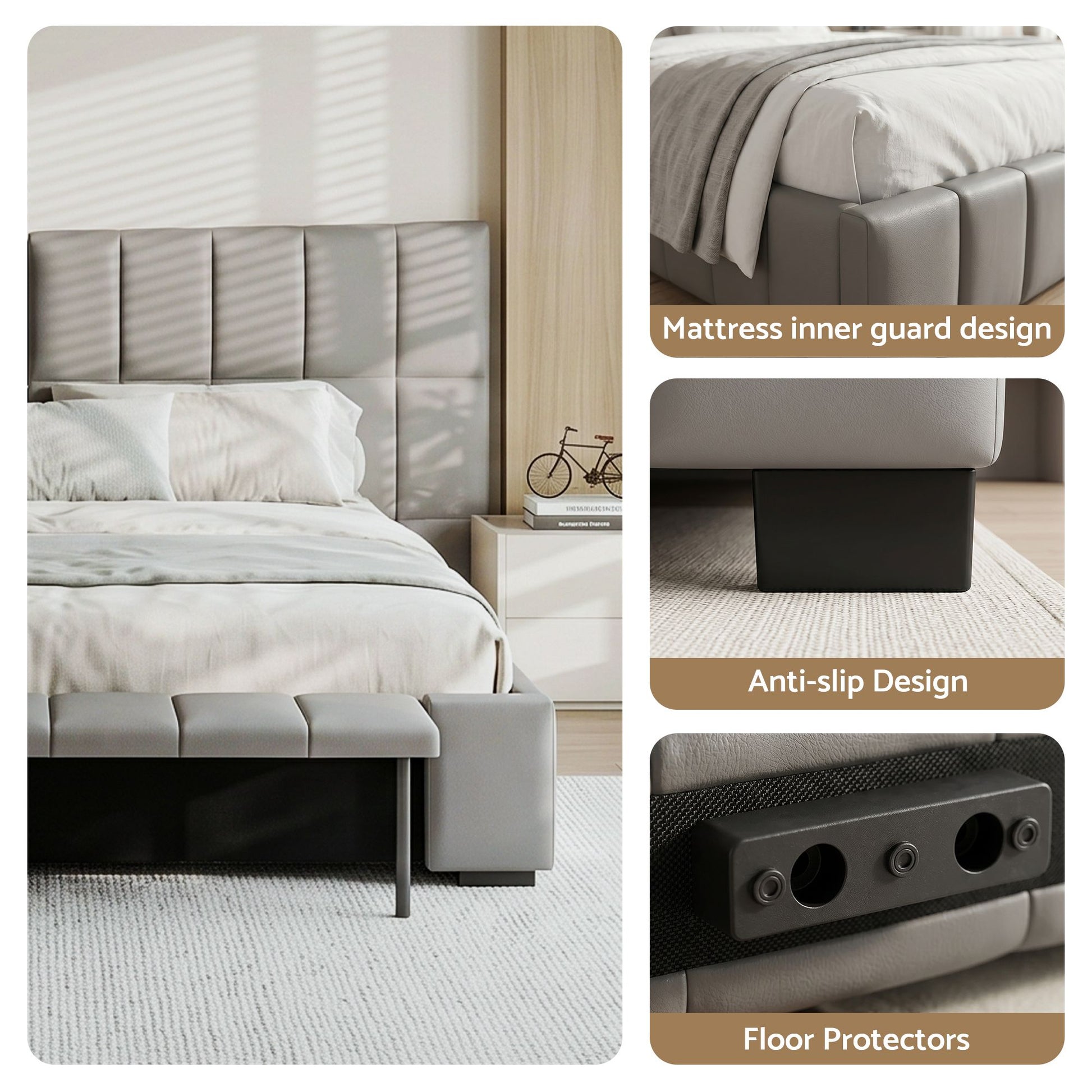 Artiss Queen Size Upholstered Gas Lift Bed Frame with Foldable Bench PVC Leather Platform Bed with Storage BFRAME-G-FORD-Q-GY-ABCD