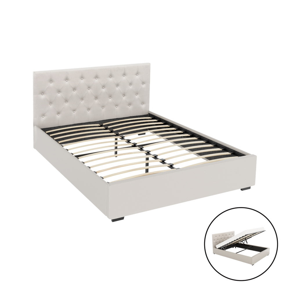 Artiss Bed Frame Queen Size Gas Lift Beige VILA BFRAME-G-GAS-VILA-Q-BG-ABC