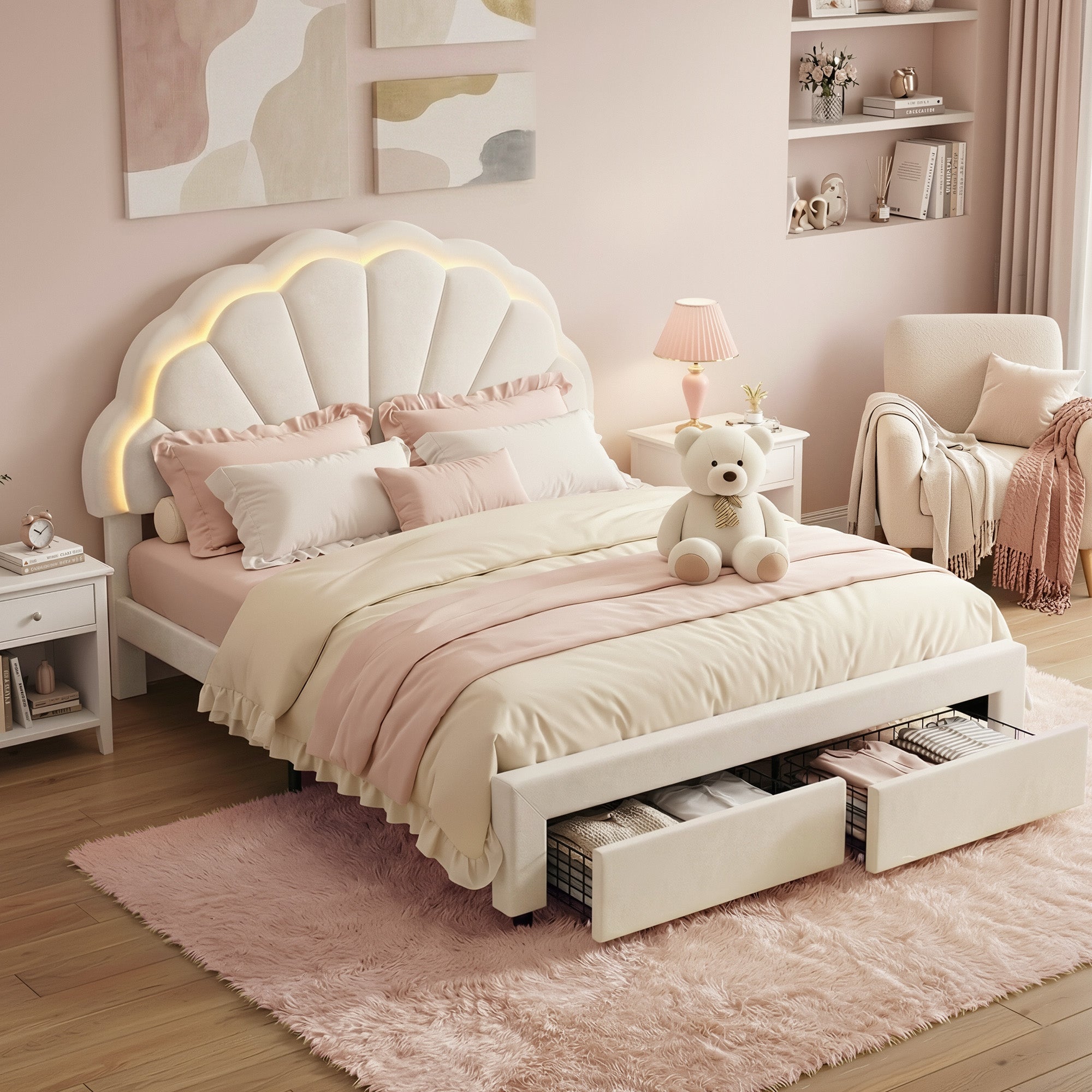 Artiss Double Bed Frame with 2 Storage Drawers Upholstered Velvet Platform Bed LED Headboard BFRAME-G-GLOW-D-WH-AB