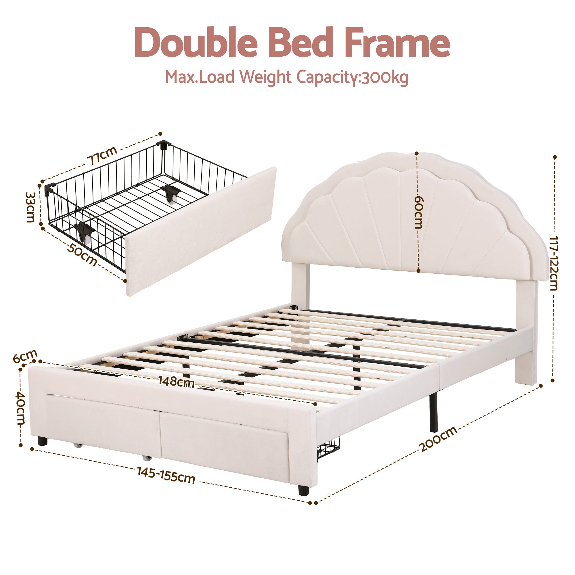 Artiss Double Bed Frame with 2 Storage Drawers Upholstered Velvet Platform Bed LED Headboard BFRAME-G-GLOW-D-WH-AB