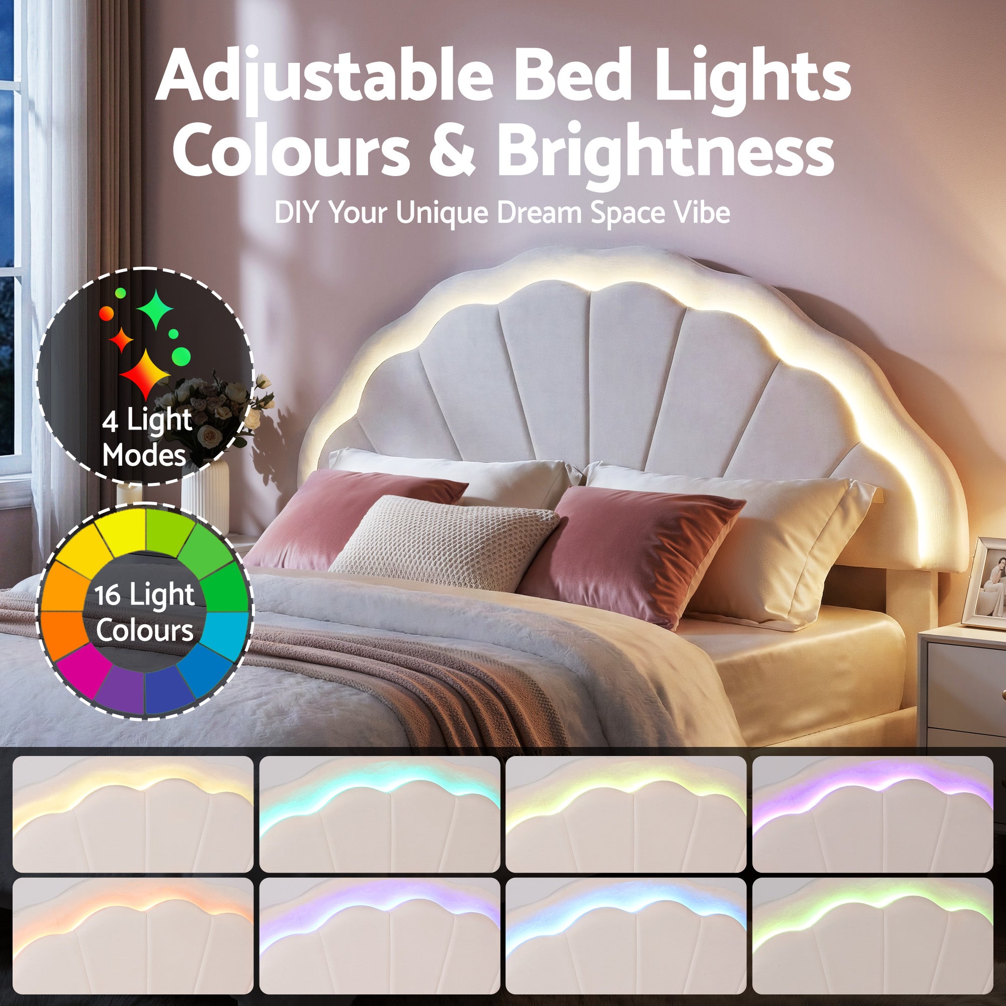 Artiss Double Bed Frame with 2 Storage Drawers Upholstered Velvet Platform Bed LED Headboard BFRAME-G-GLOW-D-WH-AB