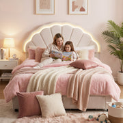 Artiss Double Bed Frame with 2 Storage Drawers Upholstered Velvet Platform Bed LED Headboard BFRAME-G-GLOW-D-WH-AB
