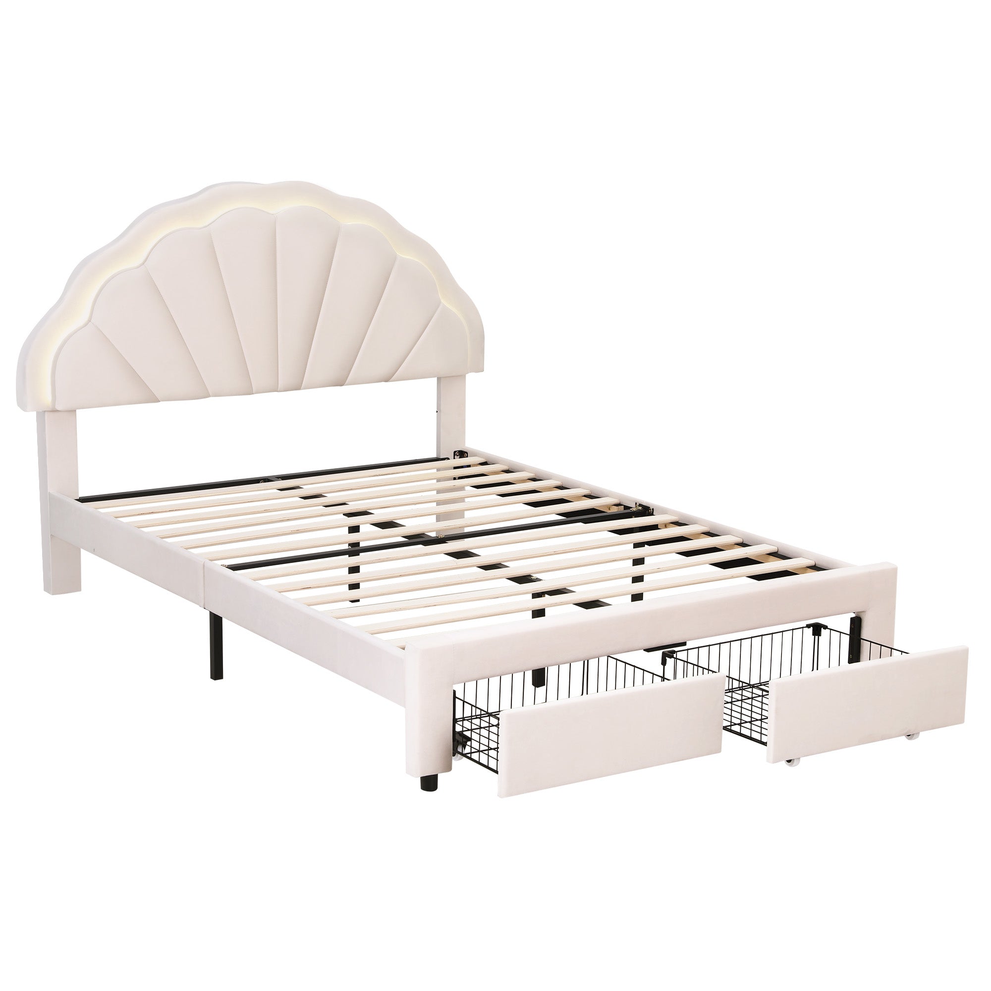Artiss Double Bed Frame with 2 Storage Drawers Upholstered Velvet Platform Bed LED Headboard BFRAME-G-GLOW-D-WH-AB