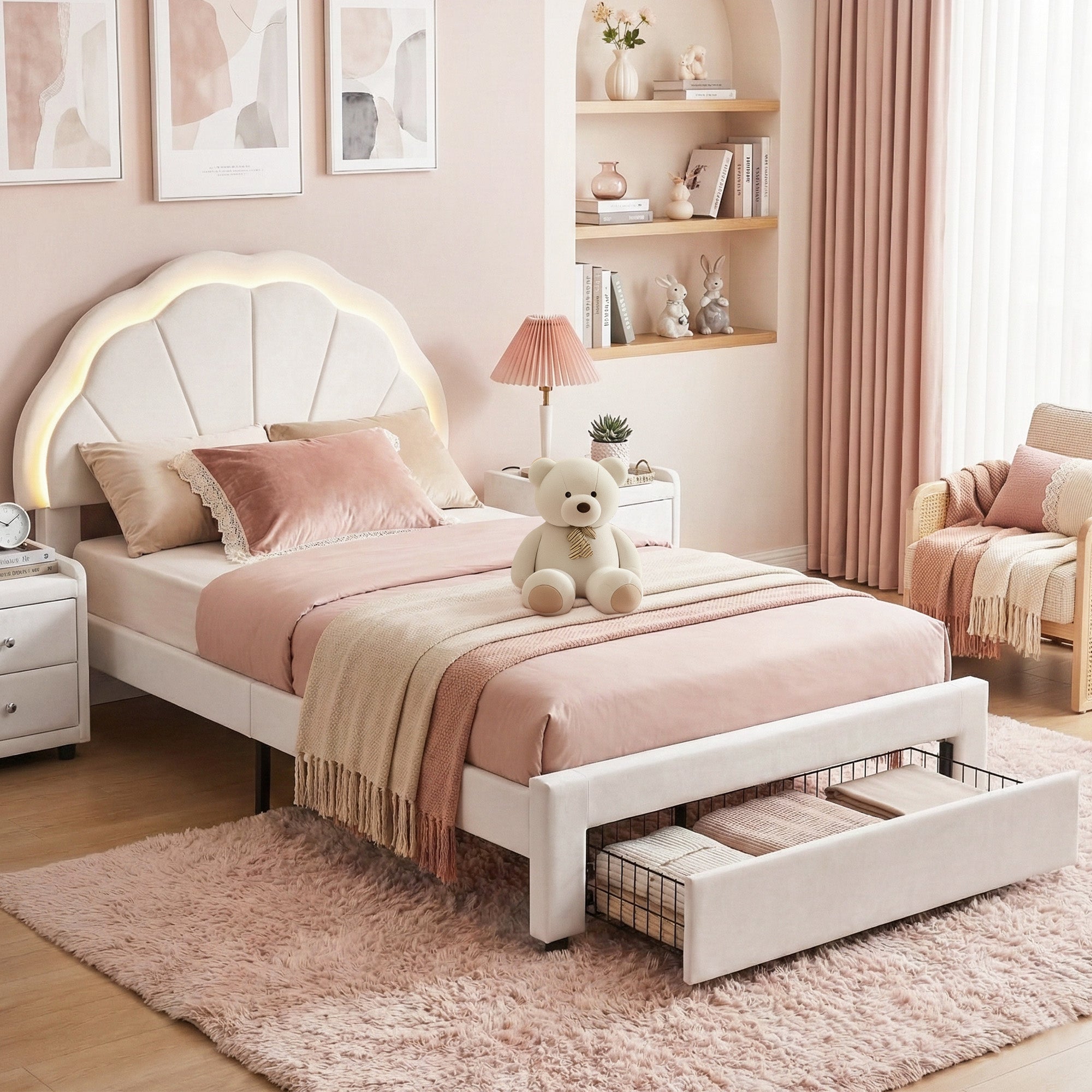 Artiss King Single Bed Frame with Storage Drawer Upholstered Velvet Platform Bed LED Headboard BFRAME-G-GLOW-KS-WH-AB