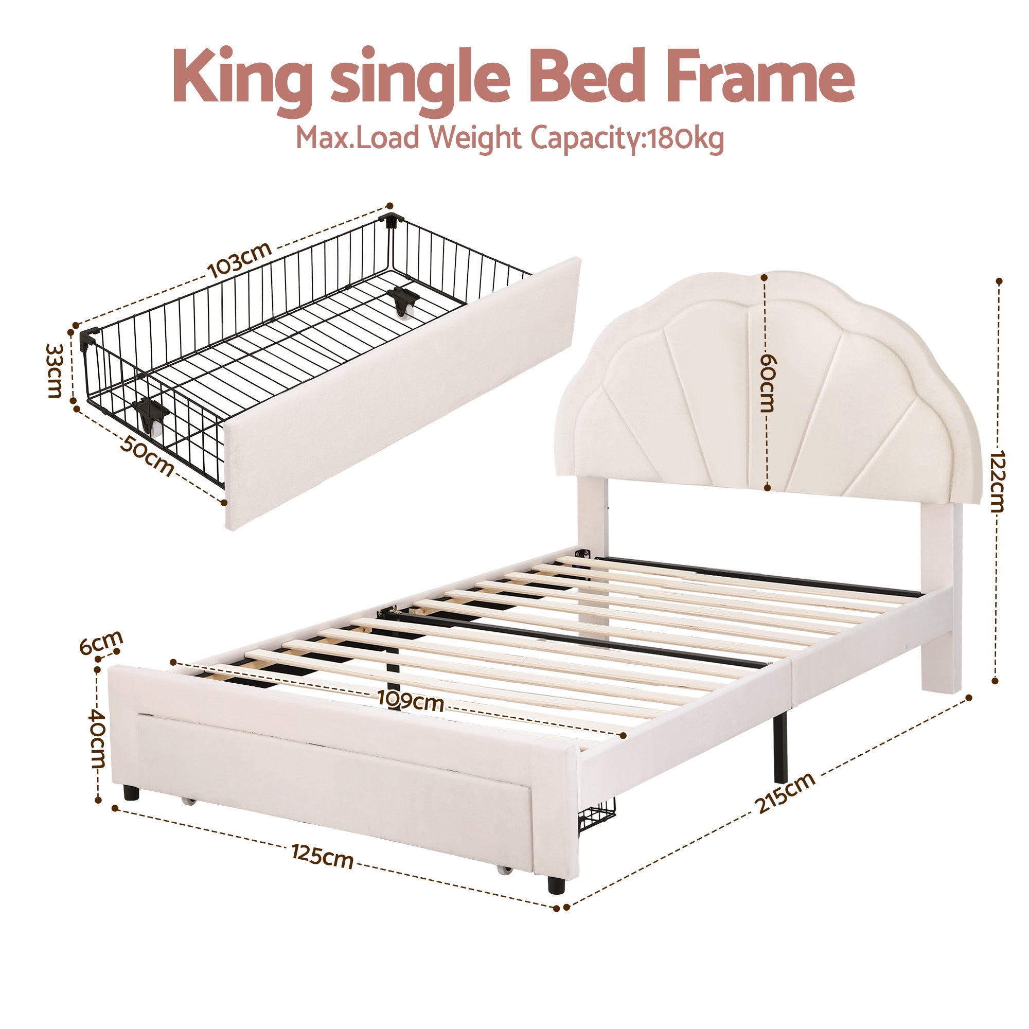 Artiss King Single Bed Frame with Storage Drawer Upholstered Velvet Platform Bed LED Headboard BFRAME-G-GLOW-KS-WH-AB
