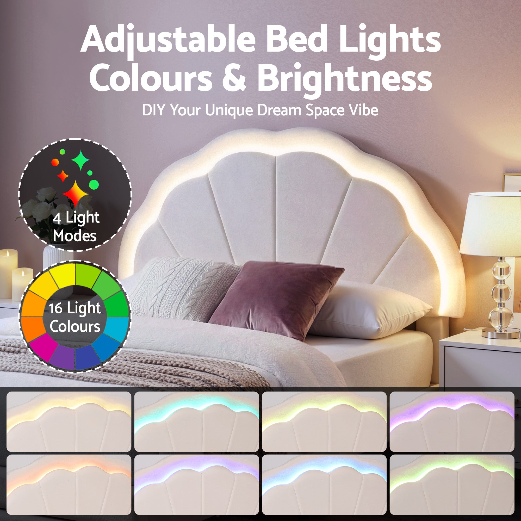 Artiss King Single Bed Frame with Storage Drawer Upholstered Velvet Platform Bed LED Headboard BFRAME-G-GLOW-KS-WH-AB