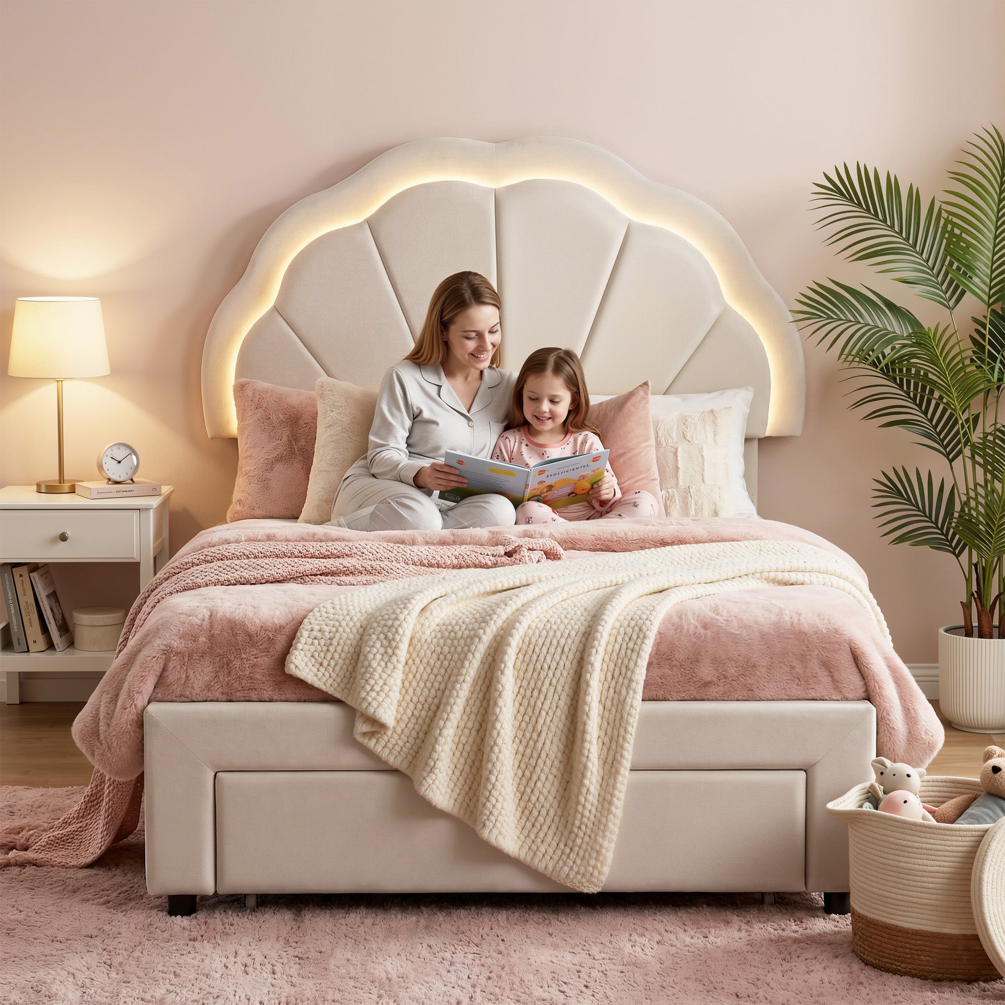 Artiss King Single Bed Frame with Storage Drawer Upholstered Velvet Platform Bed LED Headboard BFRAME-G-GLOW-KS-WH-AB