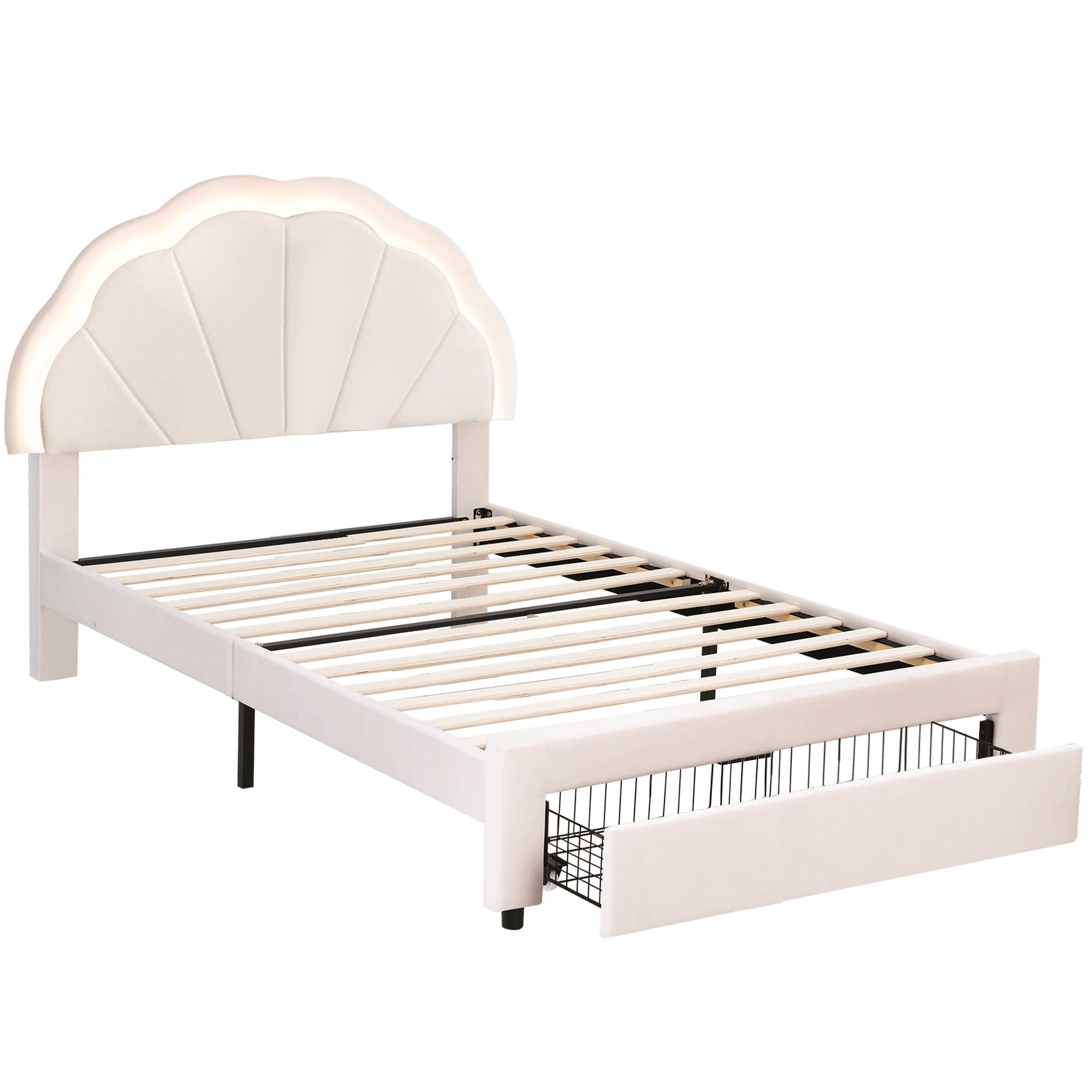 Artiss King Single Bed Frame with Storage Drawer Upholstered Velvet Platform Bed LED Headboard BFRAME-G-GLOW-KS-WH-AB