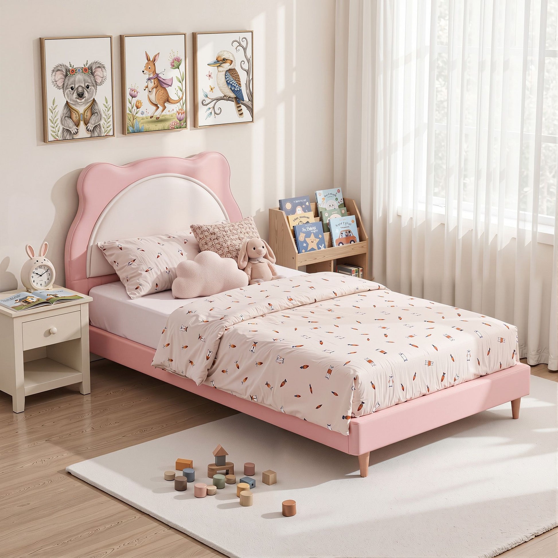 Artiss King Single Pink Kids Bed Frame for Girls Bedroom Cute Animal Upholstered BFRAME-G-KITTY-KS-PK-AB