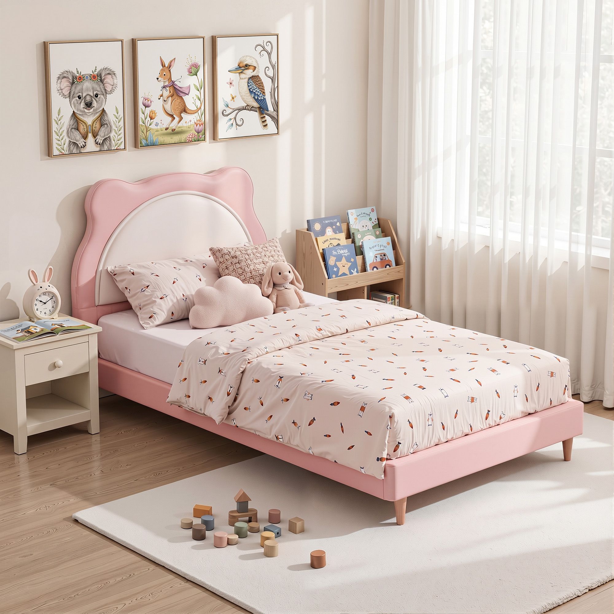 Artiss King Single Pink Kids Bed Frame for Girls Bedroom Cute Animal Upholstered BFRAME-G-KITTY-KS-PK-AB