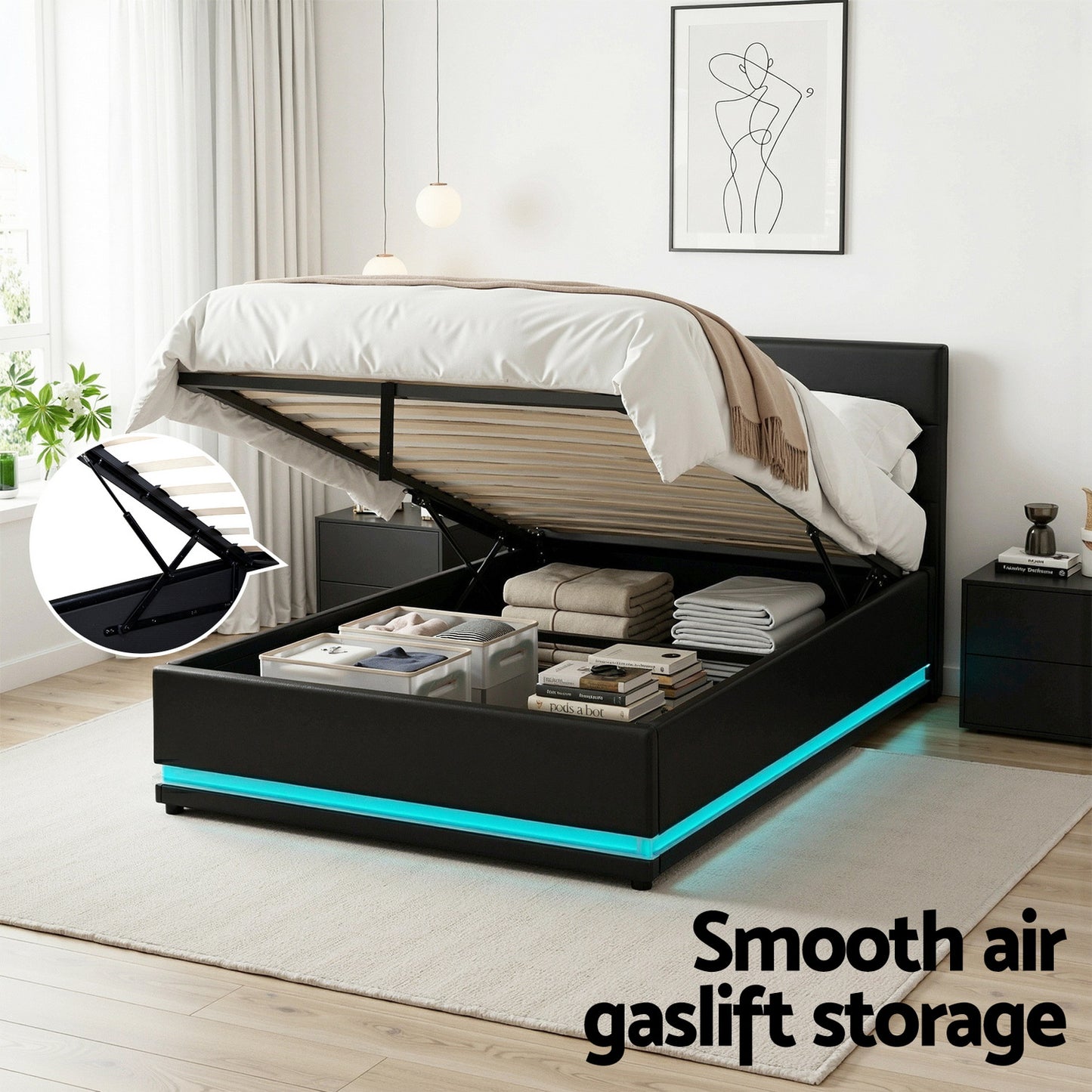 Artiss Bed Frame King Single Size LED Gas Lift Black LUMI BFRAME-G-LED-LUMI-KS-BK-ABC