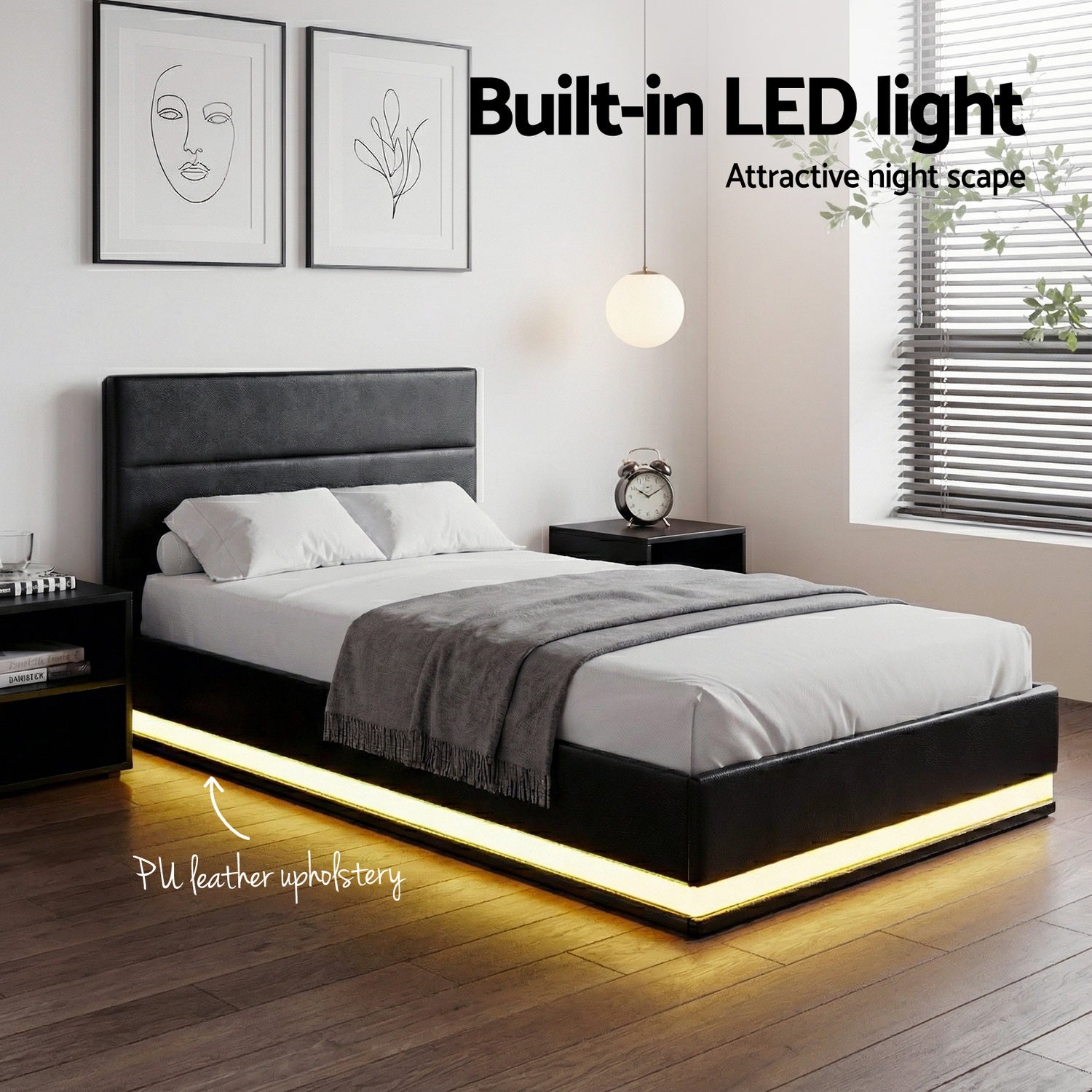 Artiss Bed Frame King Single Size LED Gas Lift Black LUMI BFRAME-G-LED-LUMI-KS-BK-ABC