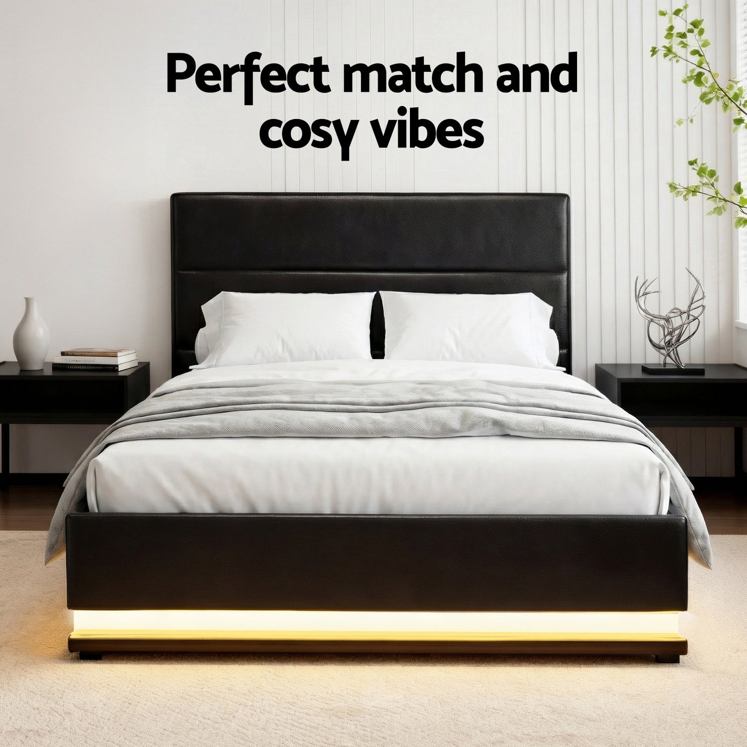Artiss Bed Frame King Single Size LED Gas Lift Black LUMI BFRAME-G-LED-LUMI-KS-BK-ABC