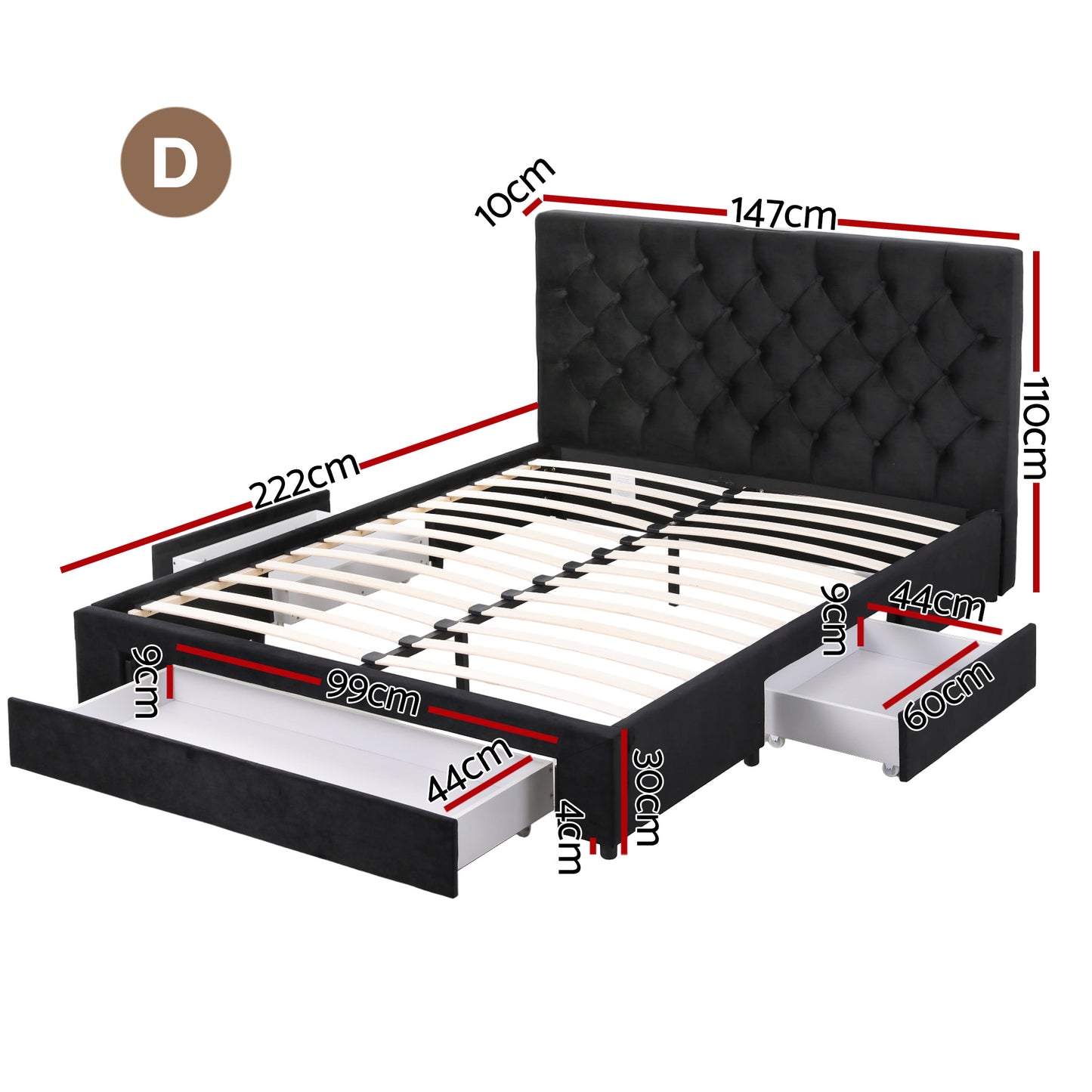 Artiss Double Bed Frame Storage Charging Station Upholstered 3 Drawers USB Type-C BFRAME-G-LUNA-D-BK-ABC