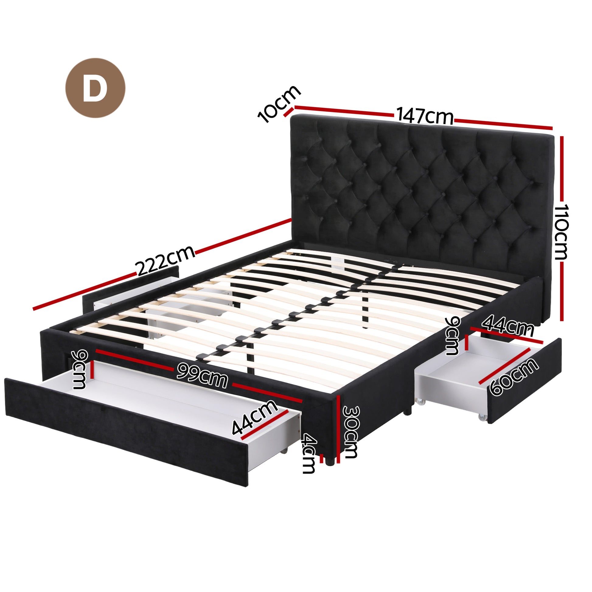 Artiss Double Bed Frame Storage Charging Station Upholstered 3 Drawers USB Type-C BFRAME-G-LUNA-D-BK-ABC