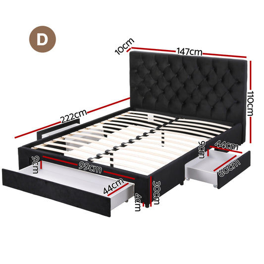Artiss Double Bed Frame Storage Charging Station Upholstered 3 Drawers USB Type-C BFRAME-G-LUNA-D-BK-ABC