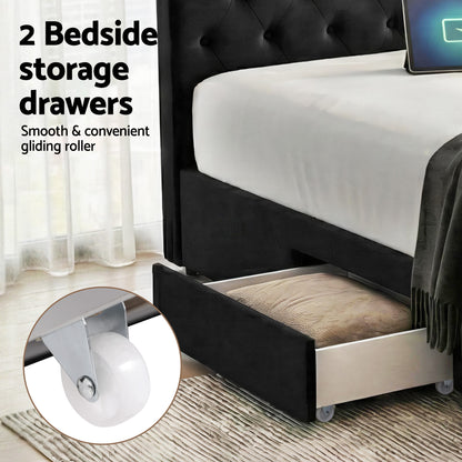 Artiss Double Bed Frame Storage Charging Station Upholstered 3 Drawers USB Type-C BFRAME-G-LUNA-D-BK-ABC