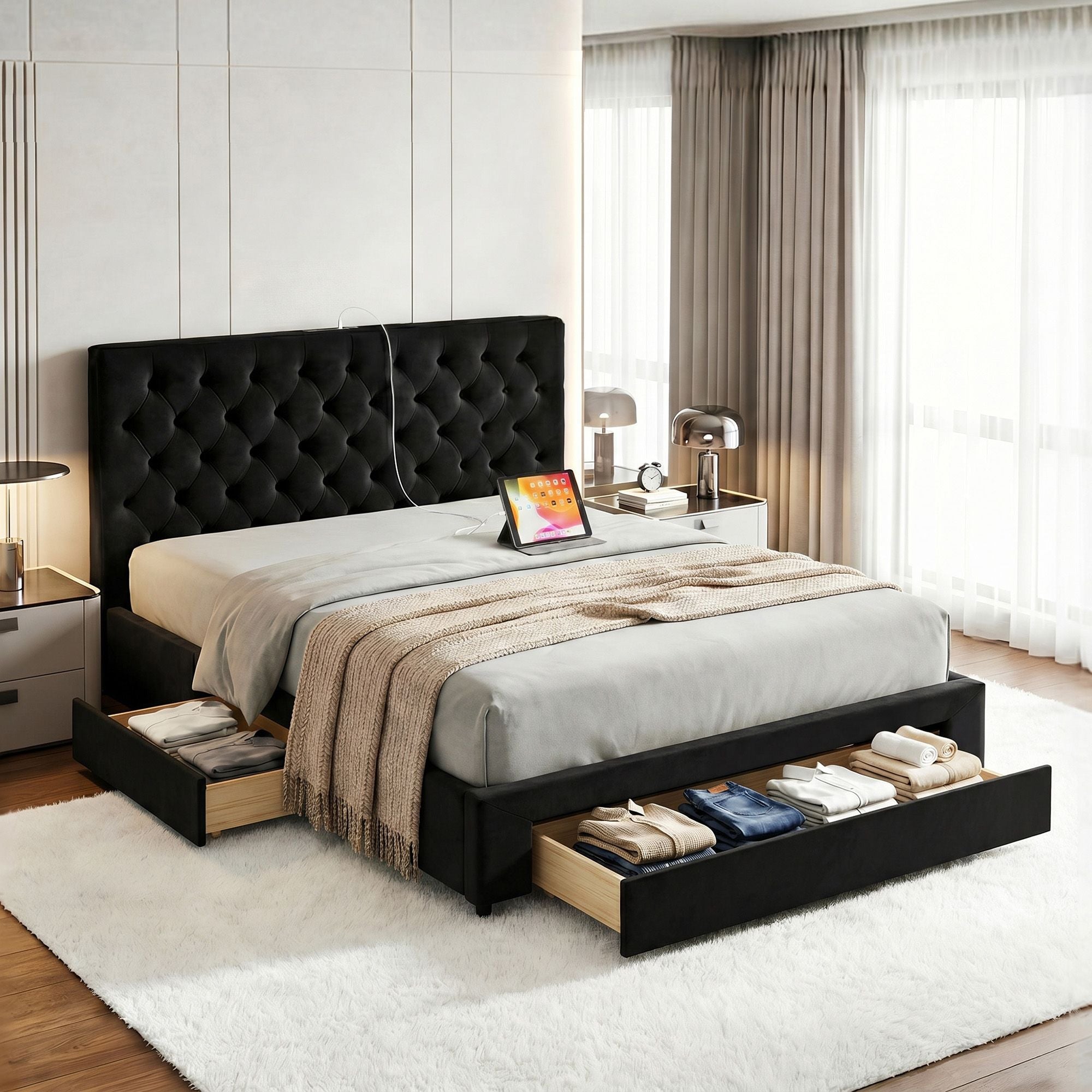 Artiss King Bed Frame Storage Charging Station Upholstered 3 Drawers USB Type-C BFRAME-G-LUNA-K-BK-ABC