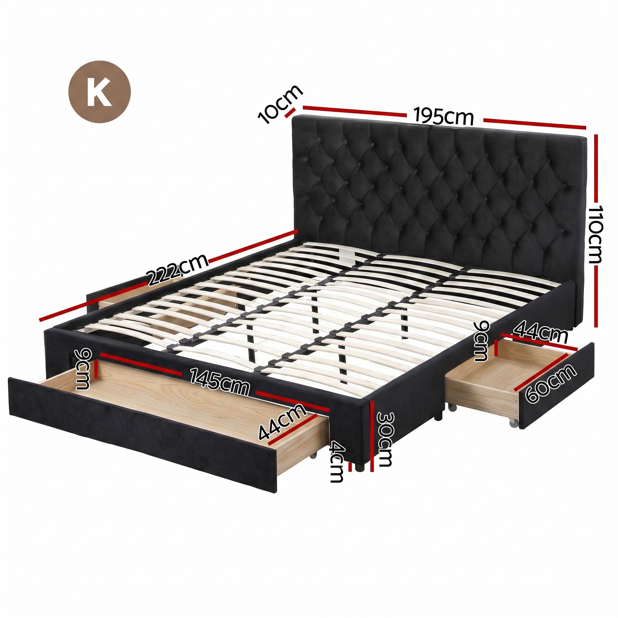 Artiss King Bed Frame Storage Charging Station Upholstered 3 Drawers USB Type-C BFRAME-G-LUNA-K-BK-ABC