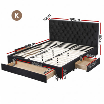 Artiss King Bed Frame Storage Charging Station Upholstered 3 Drawers USB Type-C BFRAME-G-LUNA-K-BK-ABC
