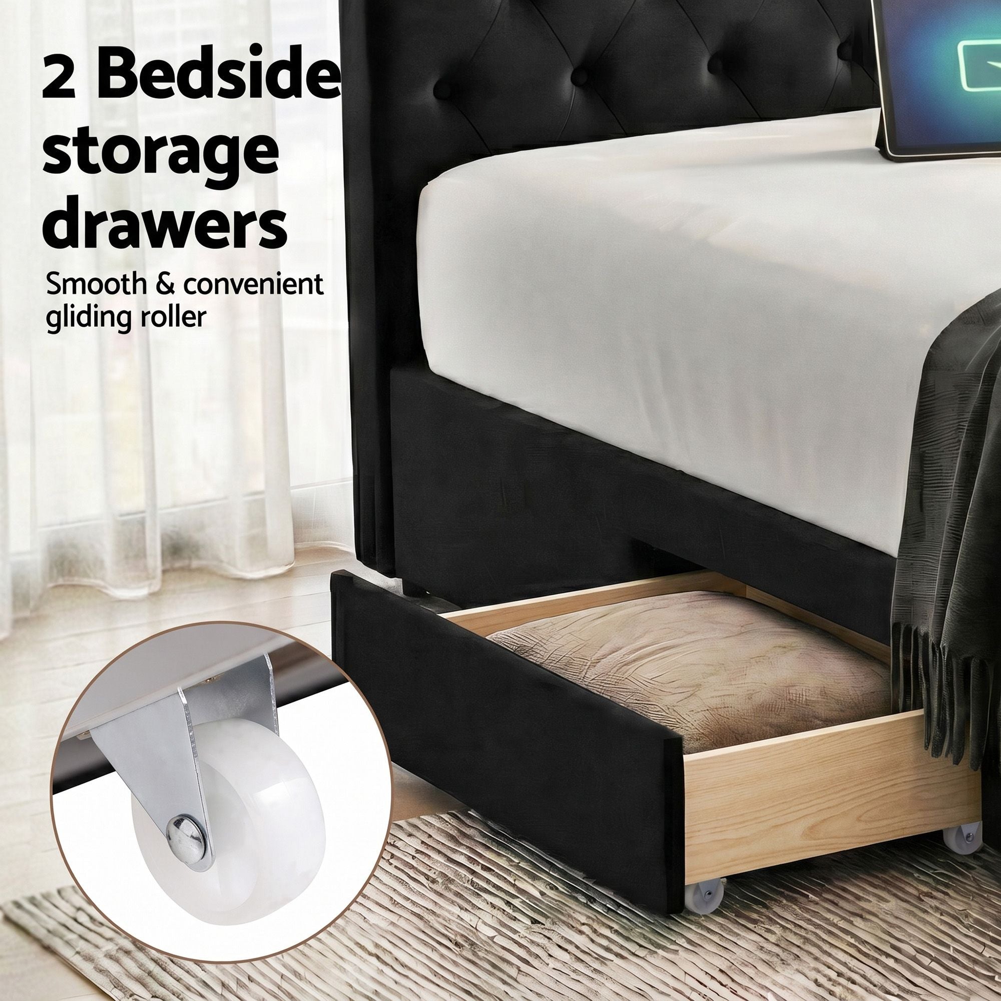 Artiss King Bed Frame Storage Charging Station Upholstered 3 Drawers USB Type-C BFRAME-G-LUNA-K-BK-ABC