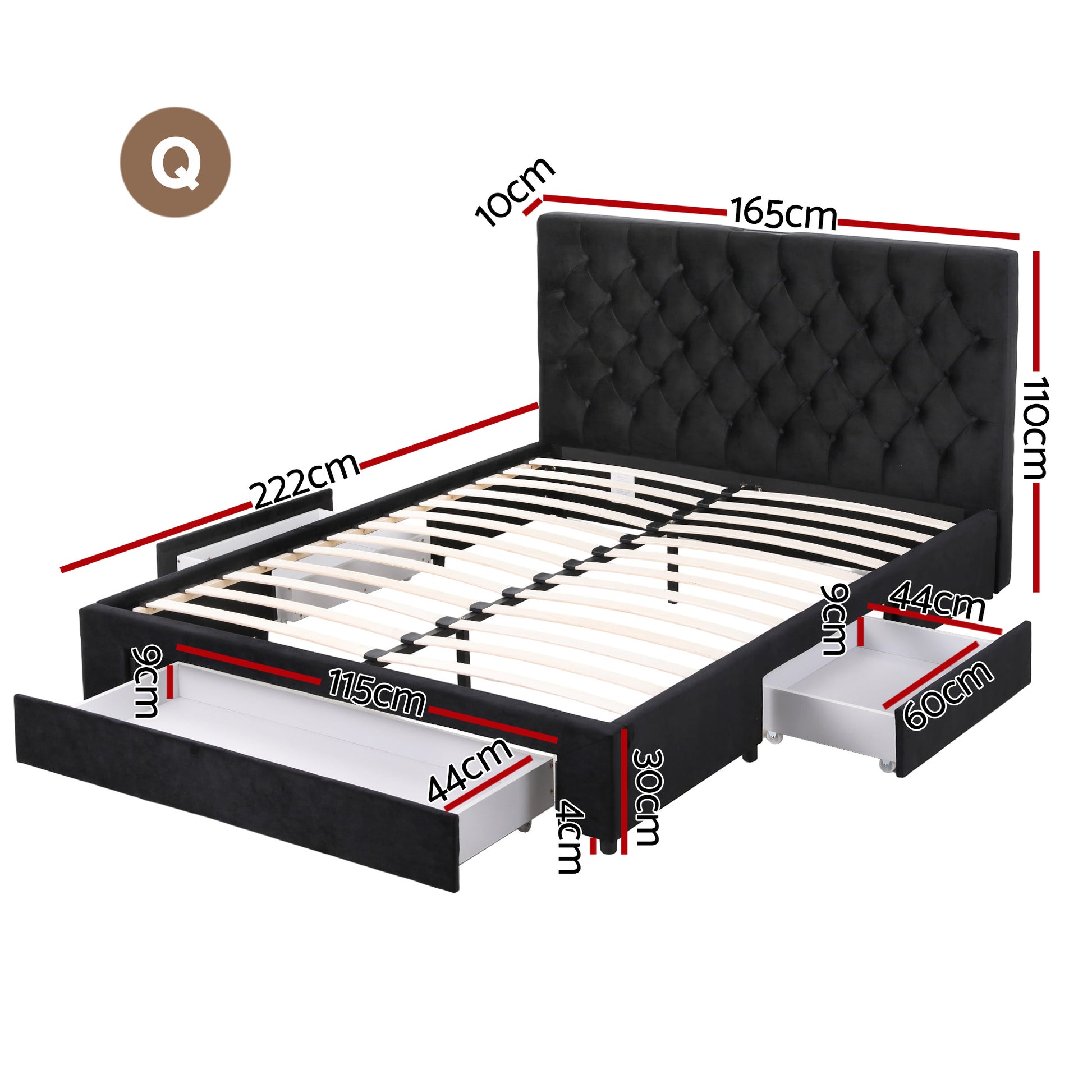 Artiss Queen Bed Frame Storage Charging Station Upholstered 3 Drawers USB Type-C BFRAME-G-LUNA-Q-BK-ABC